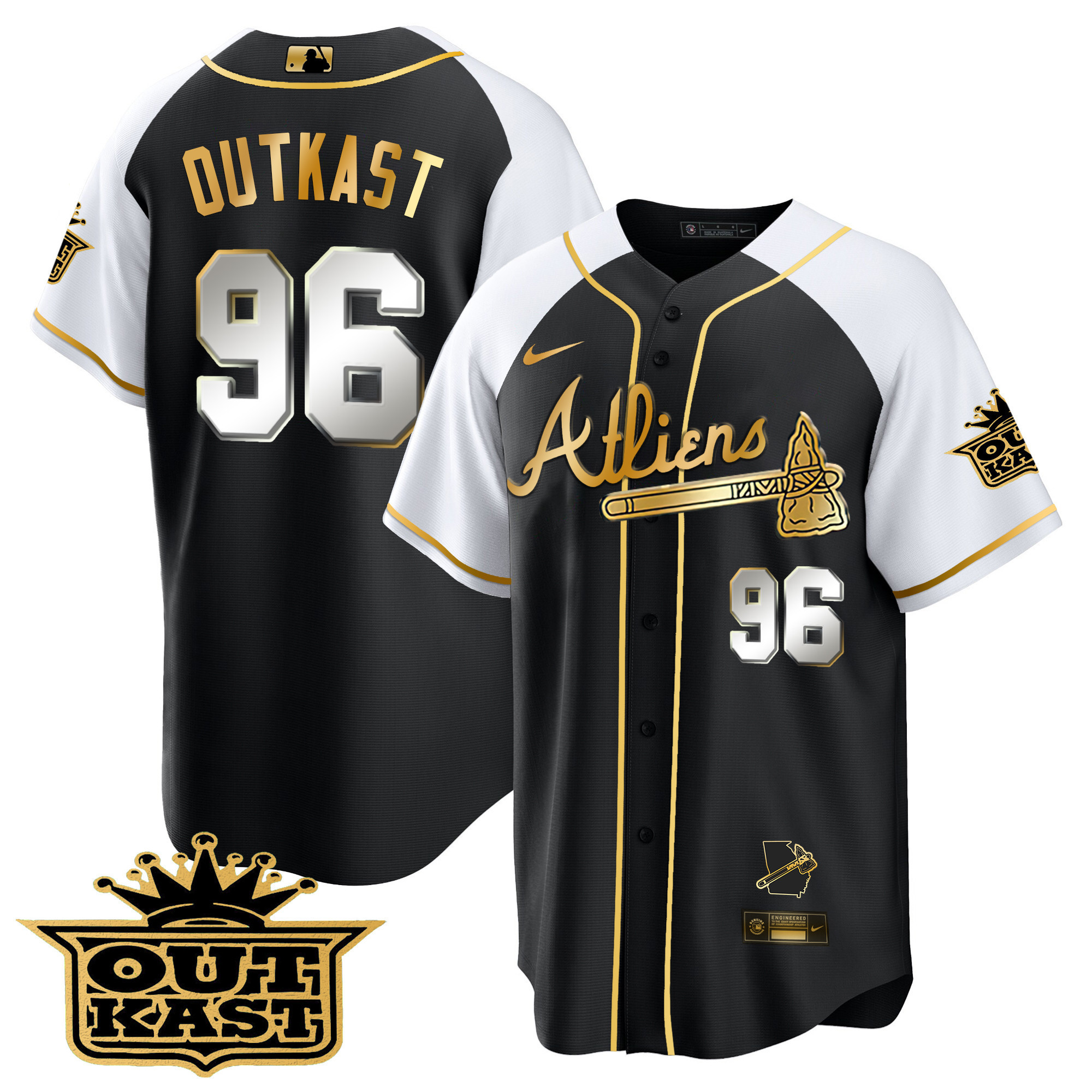 OutKast Men's Atlanta Braves Atliens Gold Alternate Cool Base Black White Jersey - All Stitched