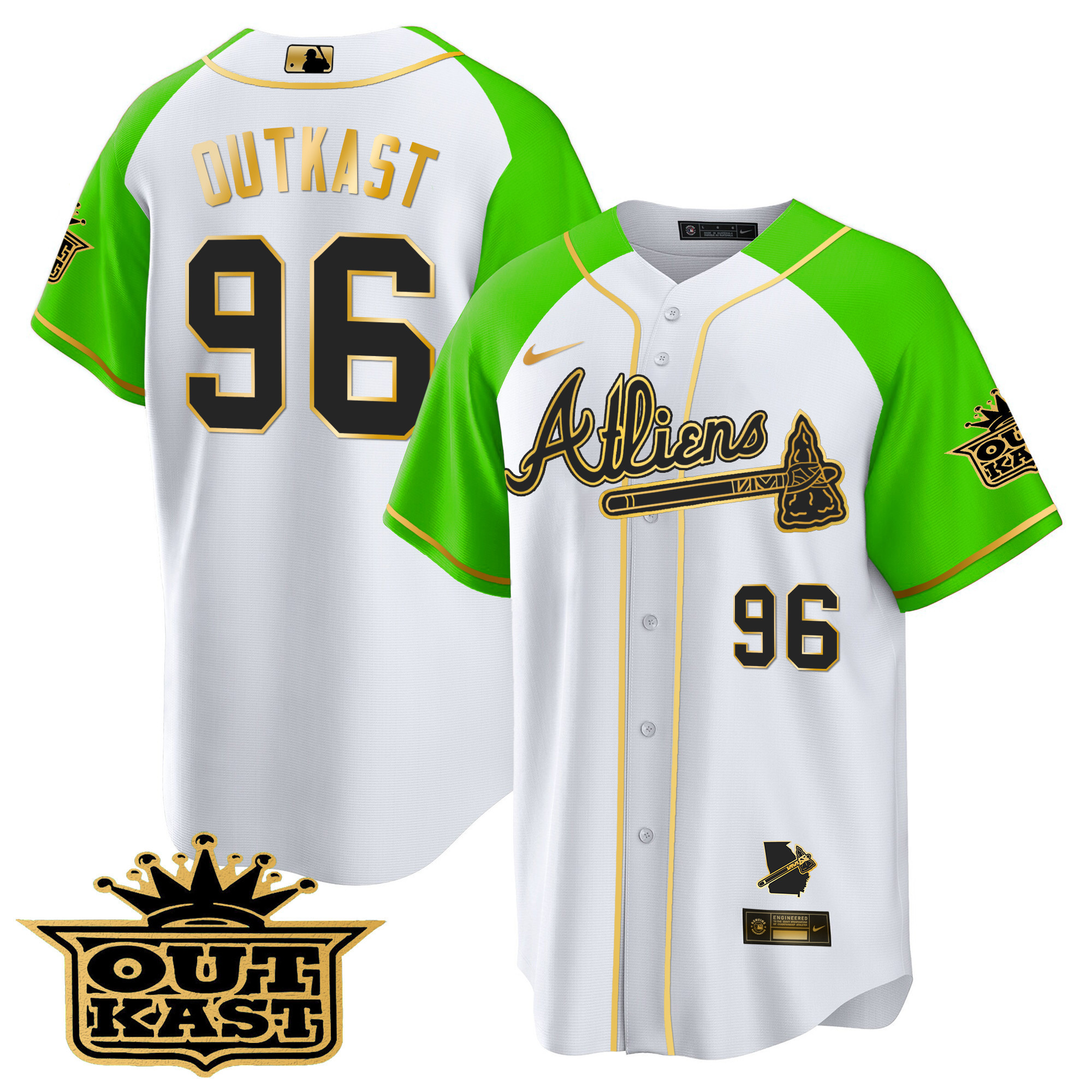 OutKast Men's Atlanta Braves Atliens Gold Alternate Cool Base White Bright Green Jersey - All Stitched