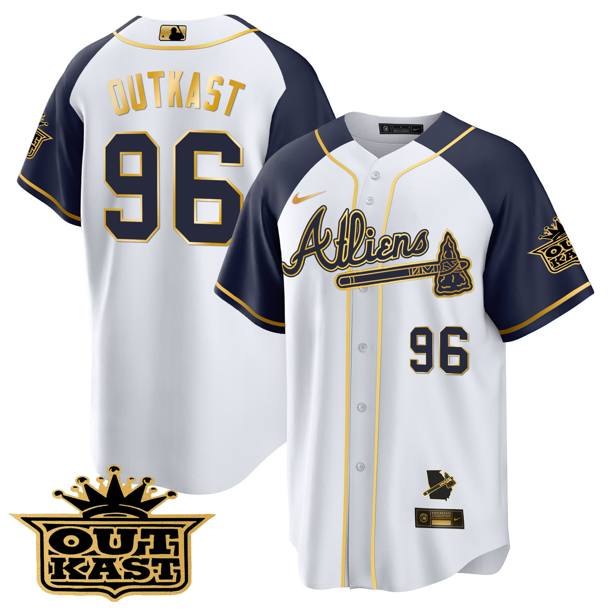 OutKast Men's Atlanta Braves Atliens Gold Alternate Cool Base White Navy Jersey - All Stitched