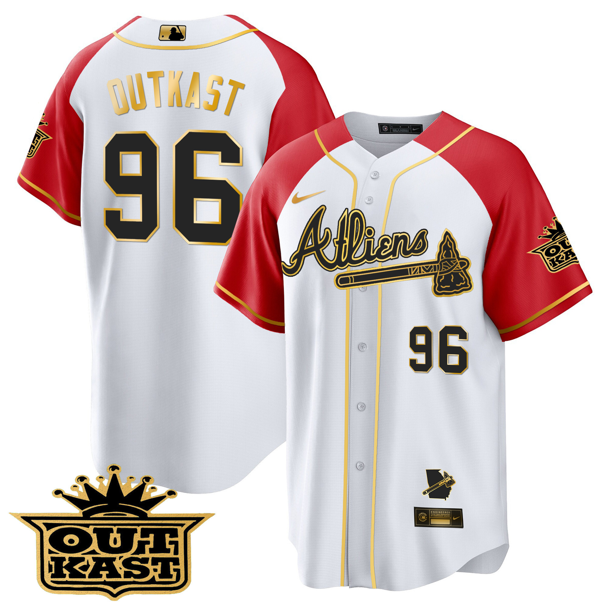 OutKast Men's Atlanta Braves Atliens Gold Alternate Cool Base White Red Jersey - All Stitched