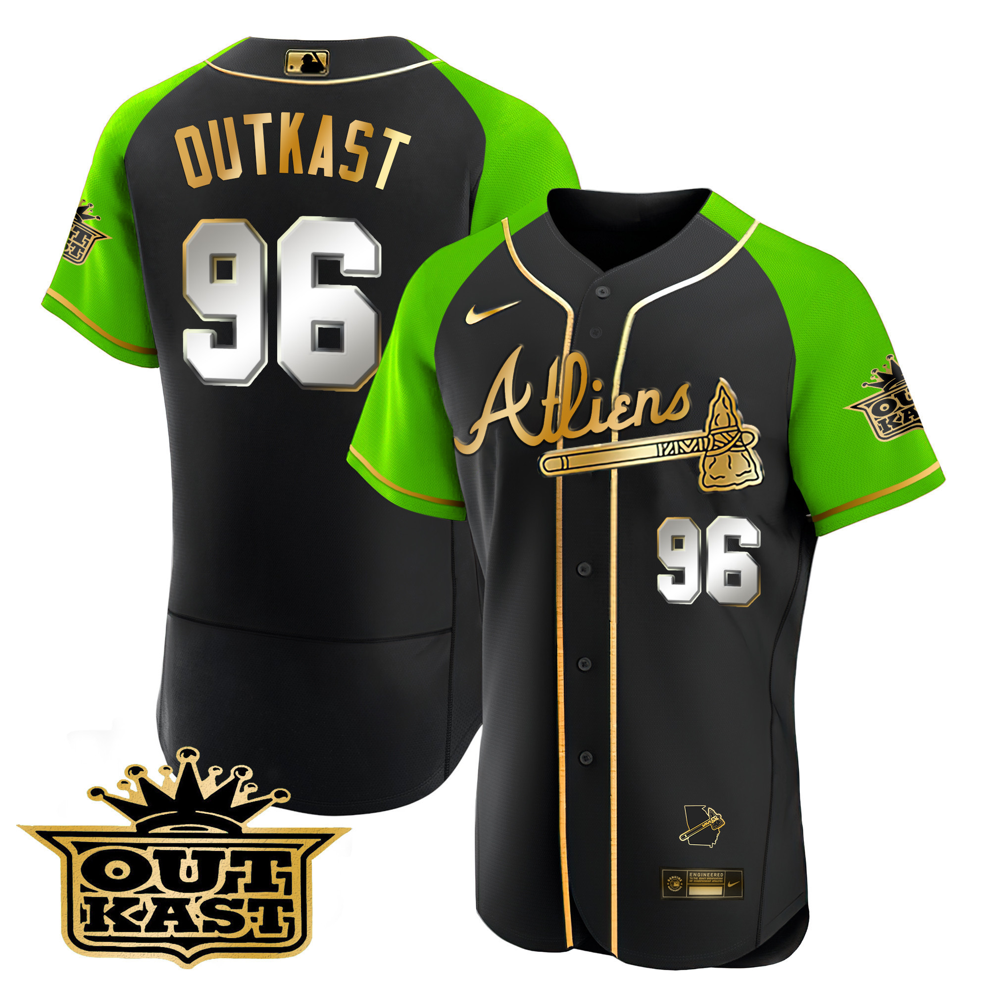 OutKast Men's Atlanta Braves Atliens Gold Alternate Flex Base Black Bright Green Jersey - All Stitched