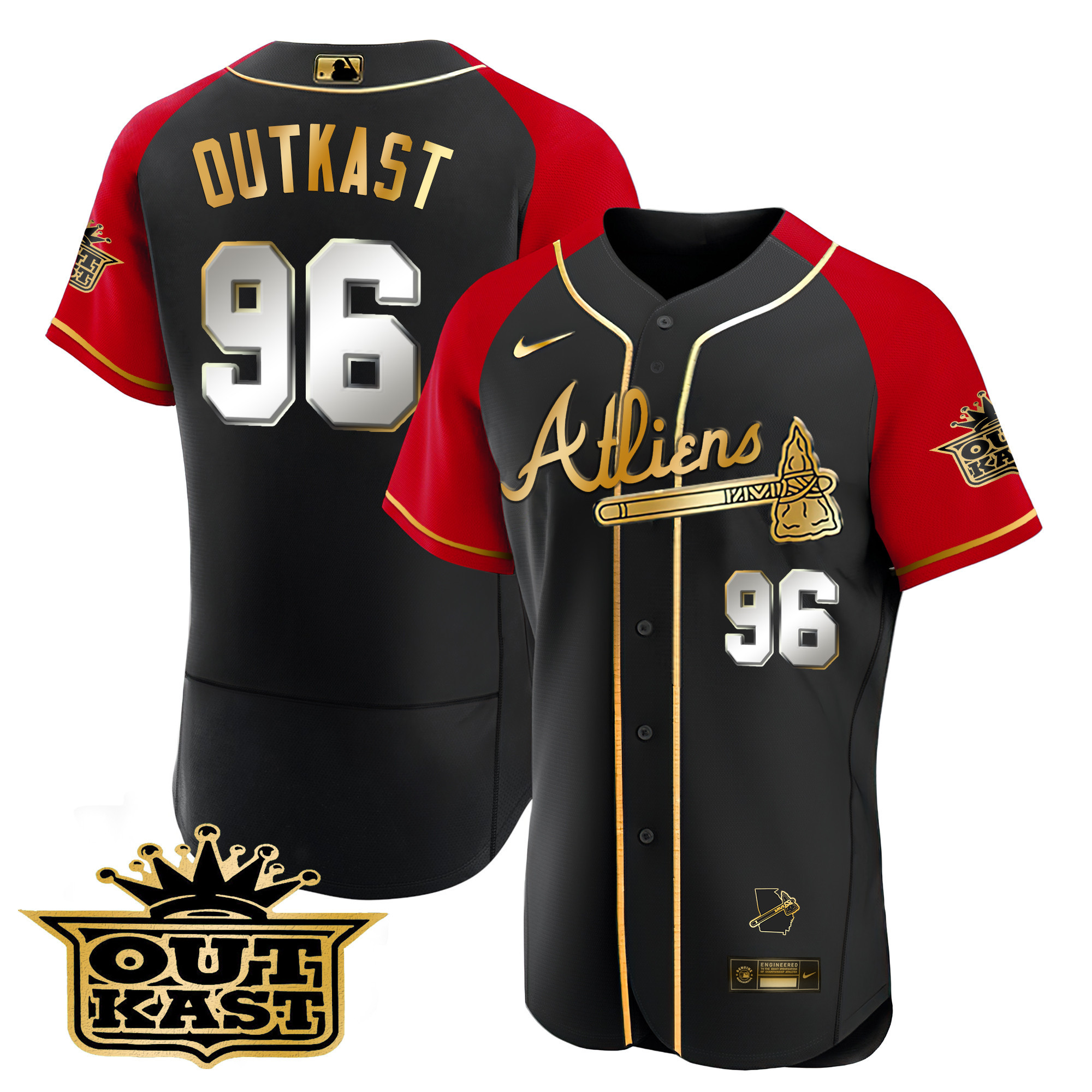 OutKast Men's Atlanta Braves Atliens Gold Alternate Flex Base Black Red Jersey - All Stitched