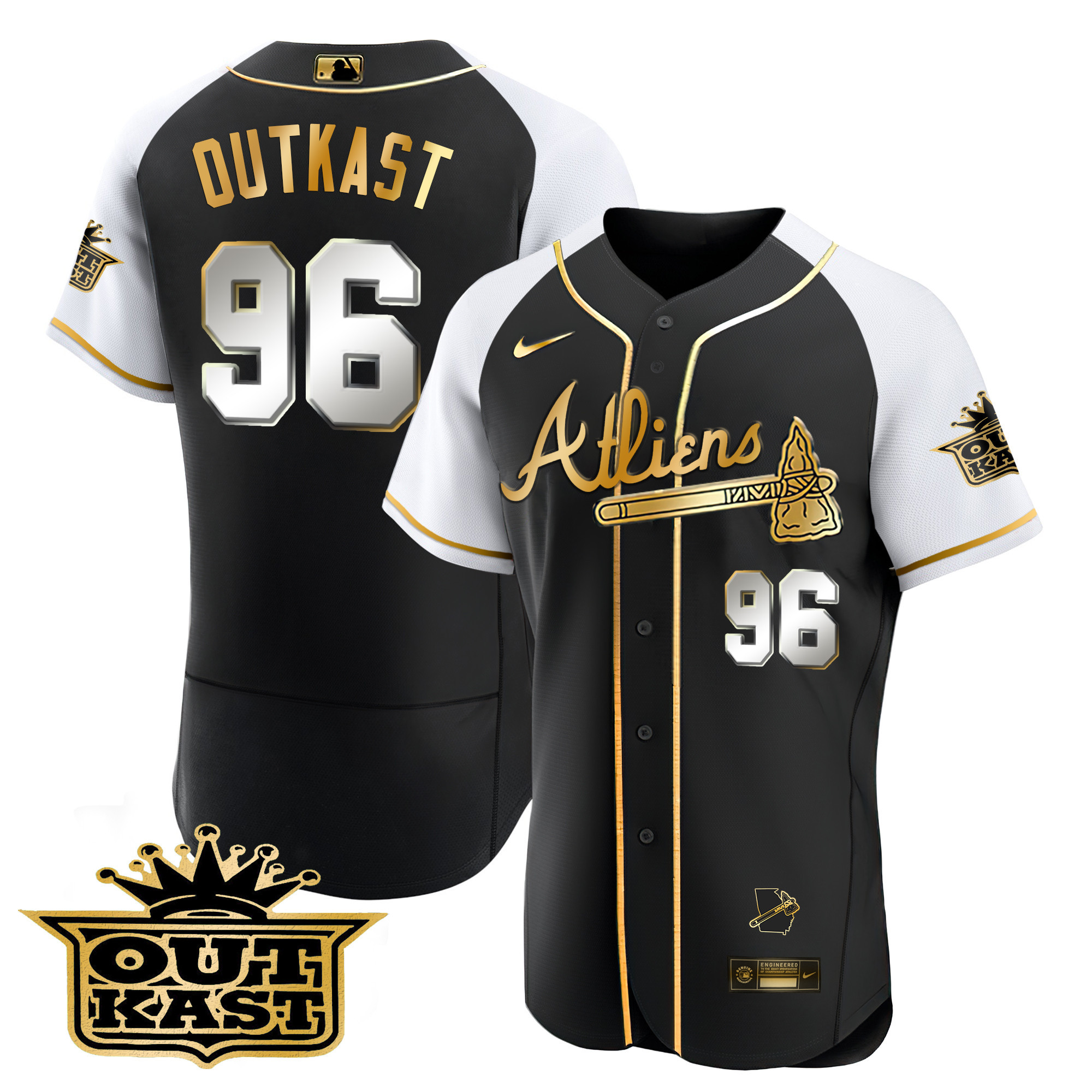 OutKast Men's Atlanta Braves Atliens Gold Alternate Flex Base Black White Jersey - All Stitched