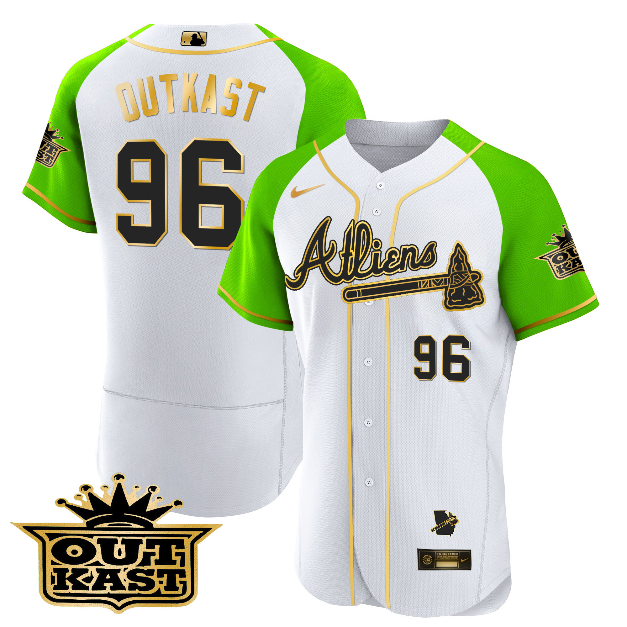OutKast Men's Atlanta Braves Atliens Gold Alternate Flex Base White Bright Green Jersey - All Stitched