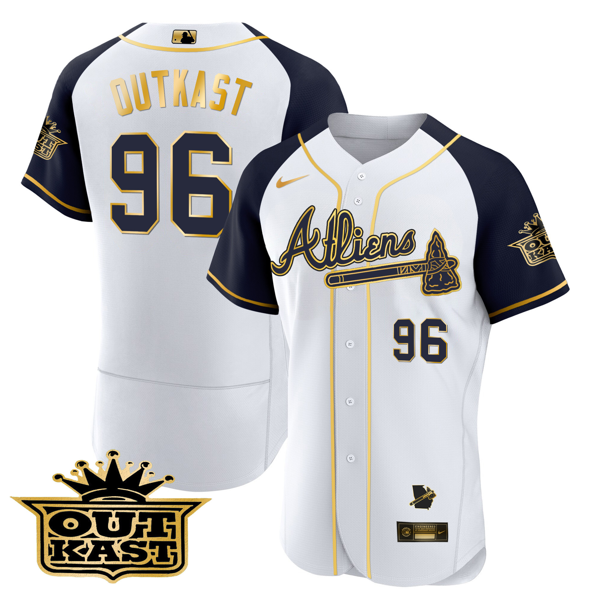 OutKast Men's Atlanta Braves Atliens Gold Alternate Flex Base White Navy Jersey - All Stitched