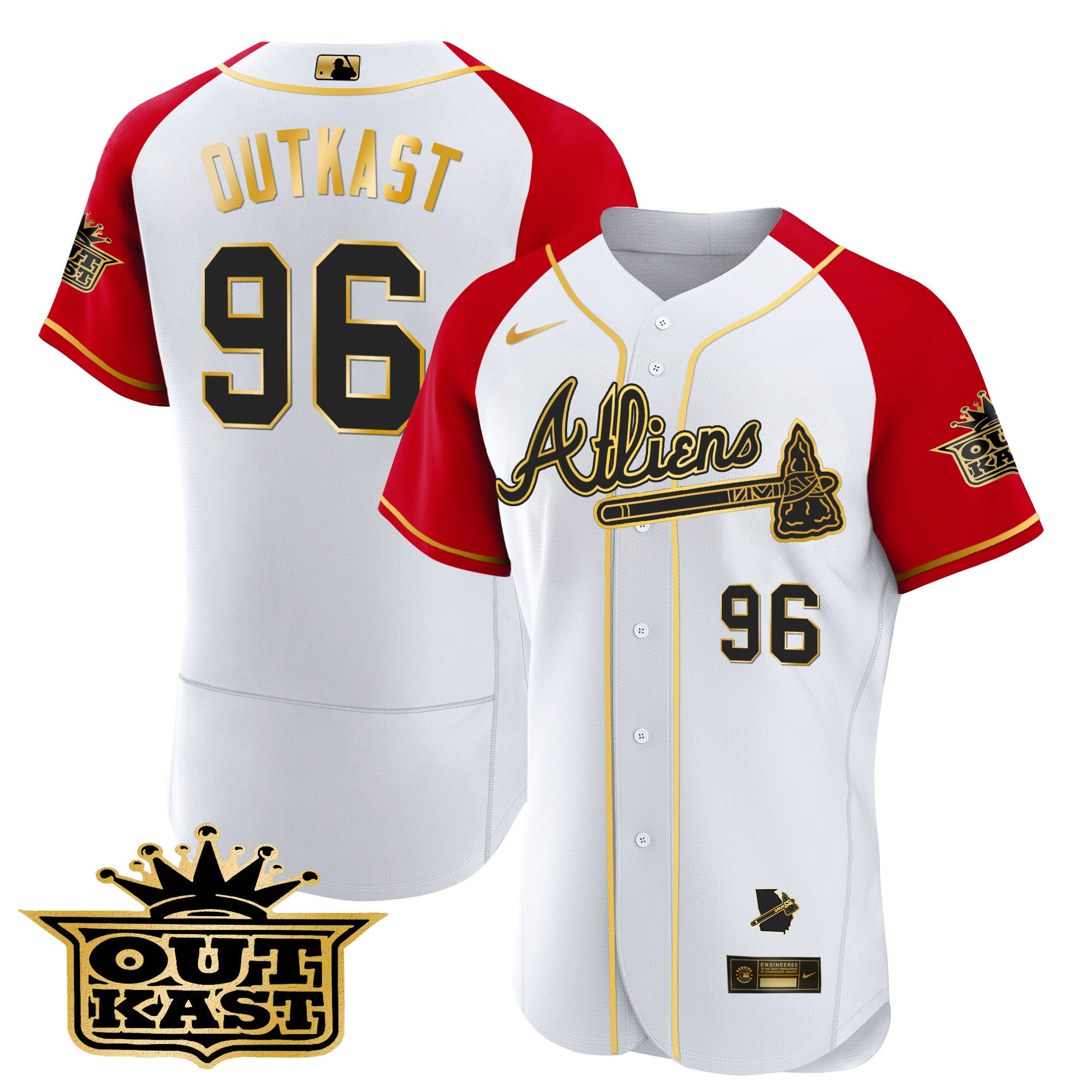 OutKast Men's Atlanta Braves Atliens Gold Alternate Flex Base White Red Jersey - All Stitched