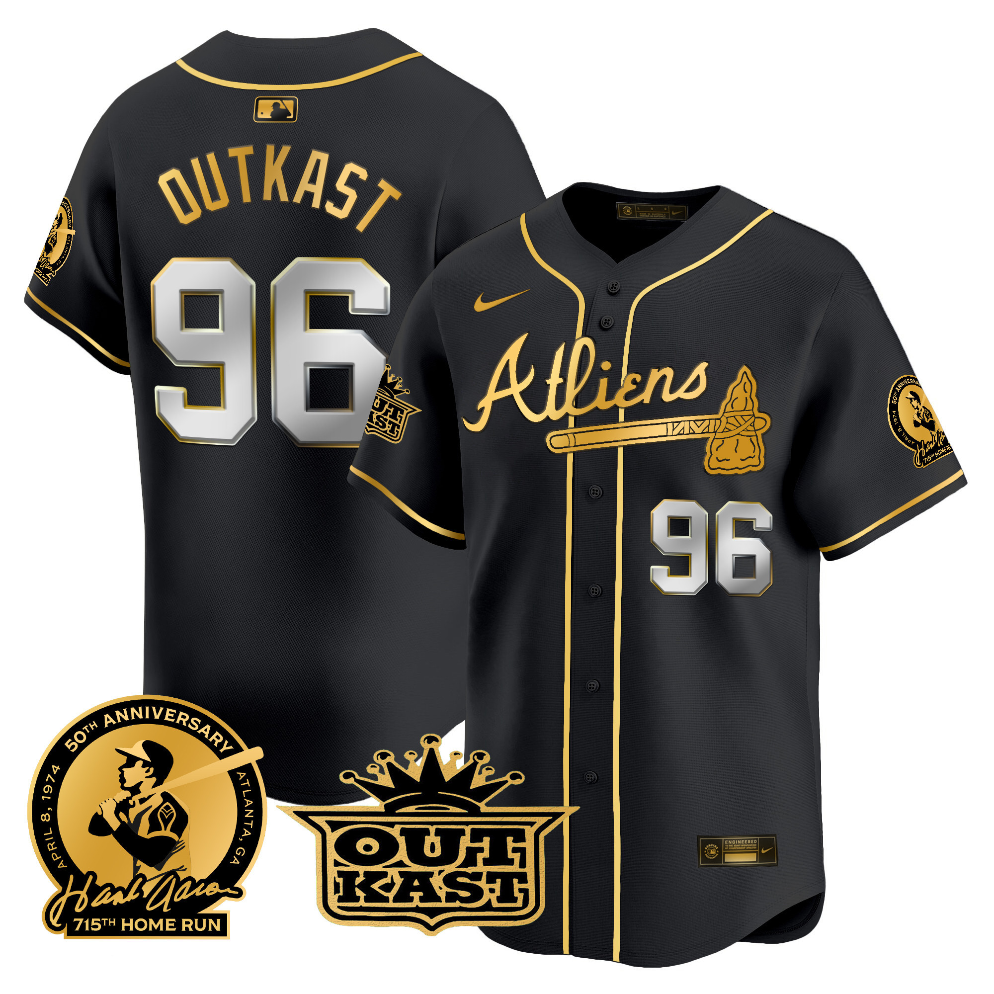 OutKast Men's Atlanta Braves Atliens & Hank Aaron Patch Vapor Premier Limited Black Gold Jersey - All Stitched