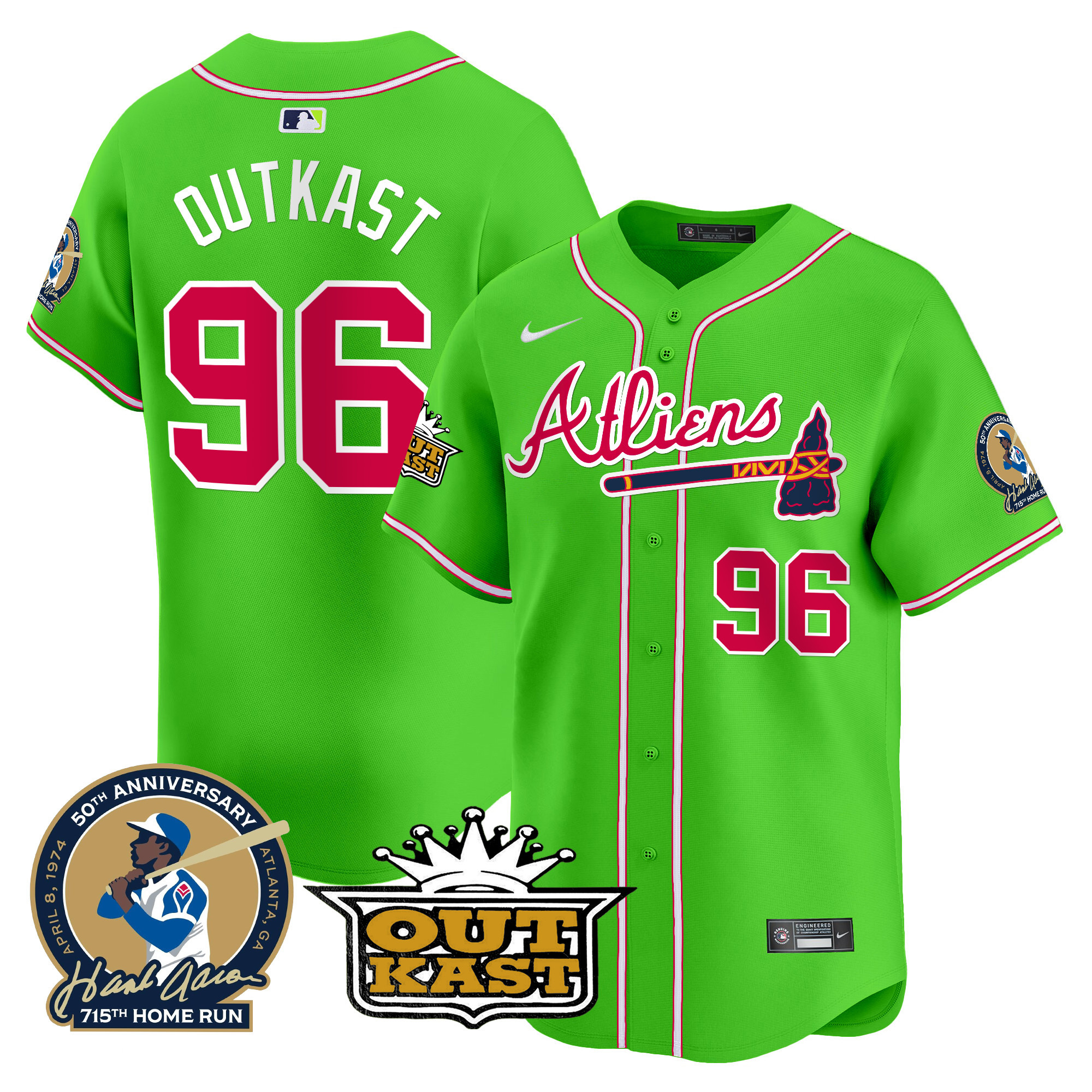 OutKast Men's Atlanta Braves Atliens & Hank Aaron Patch Vapor Premier Limited Bright Green Jersey - All Stitched