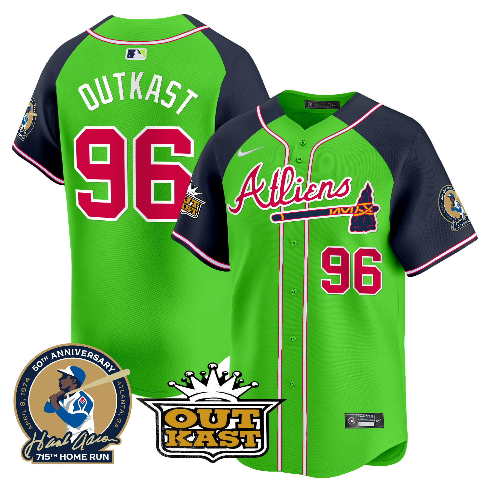OutKast Men's Atlanta Braves Atliens & Hank Aaron Patch Vapor Premier Limited Green Alternate Jersey - All Stitched