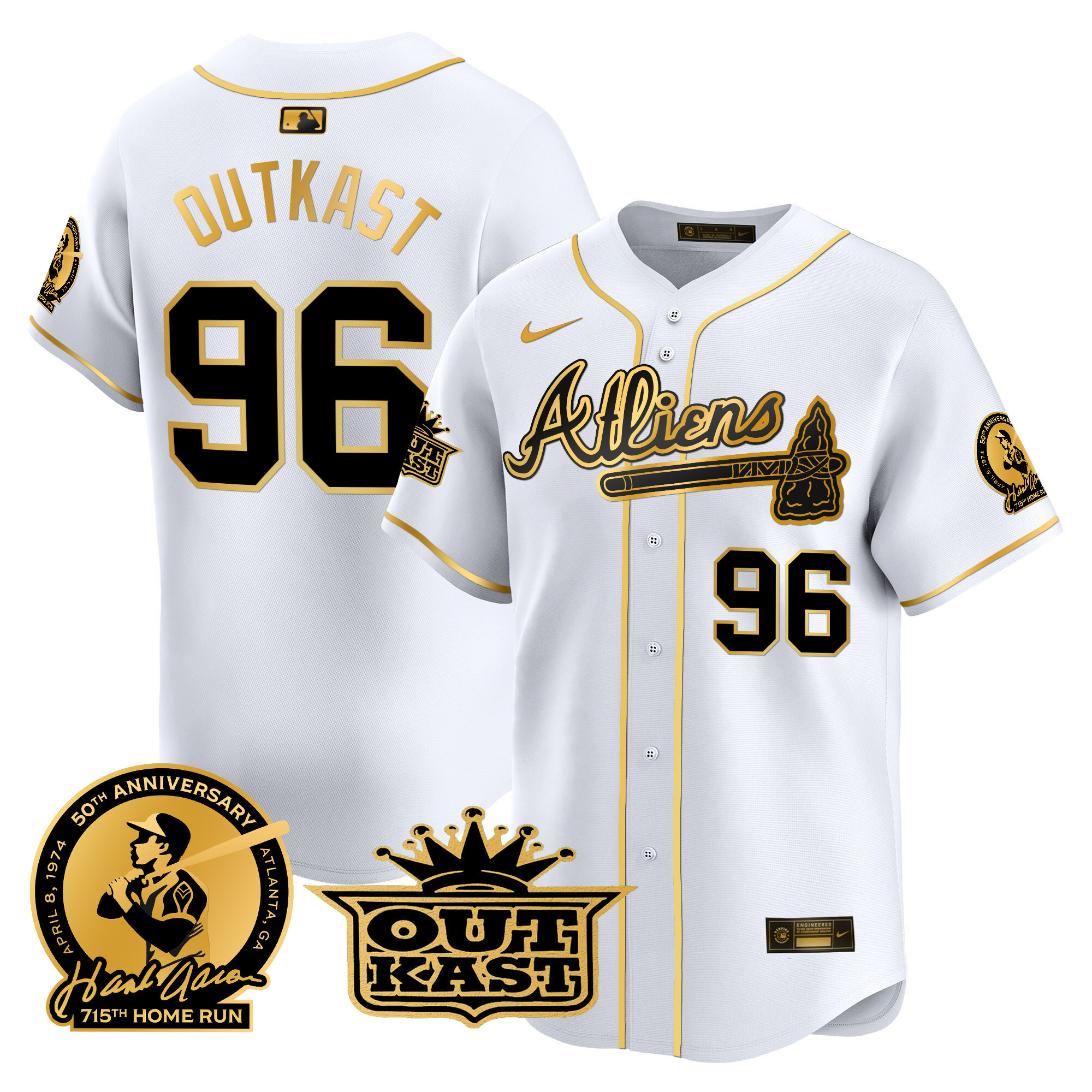 OutKast Men's Atlanta Braves Atliens & Hank Aaron Patch Vapor Premier Limited White Gold Jersey - All Stitched