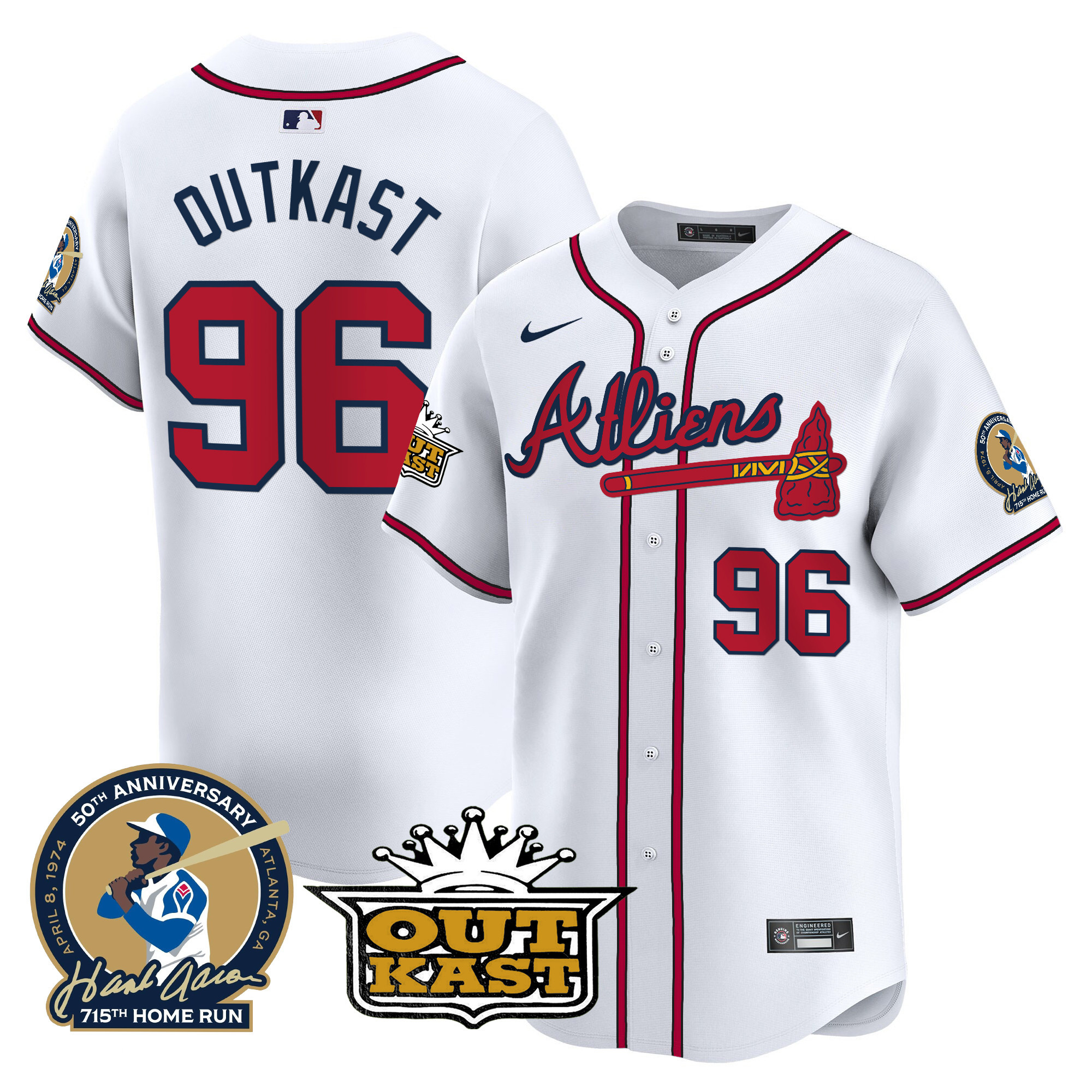 OutKast Men's Atlanta Braves Atliens & Hank Aaron Patch Vapor Premier Limited White Jersey - All Stitched
