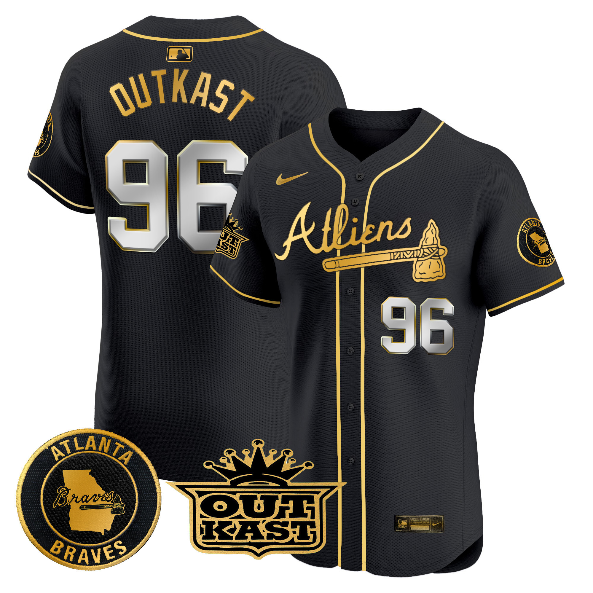 OutKast Men's Atlanta Braves Atliens Vapor Premier Elite Black Gold Jersey - All Stitched