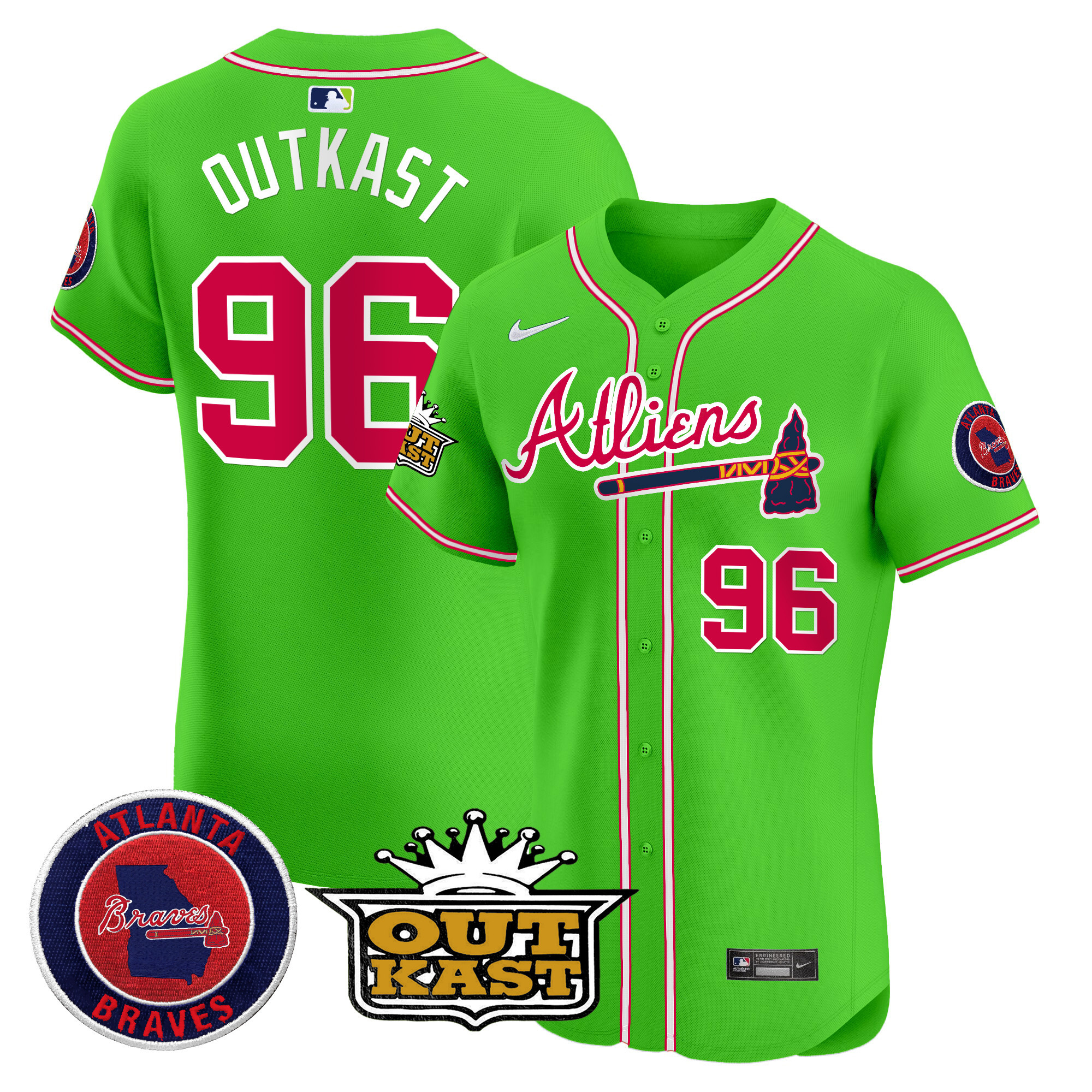 OutKast Men's Atlanta Braves Atliens Vapor Premier Elite Bright Green Jersey - All Stitched