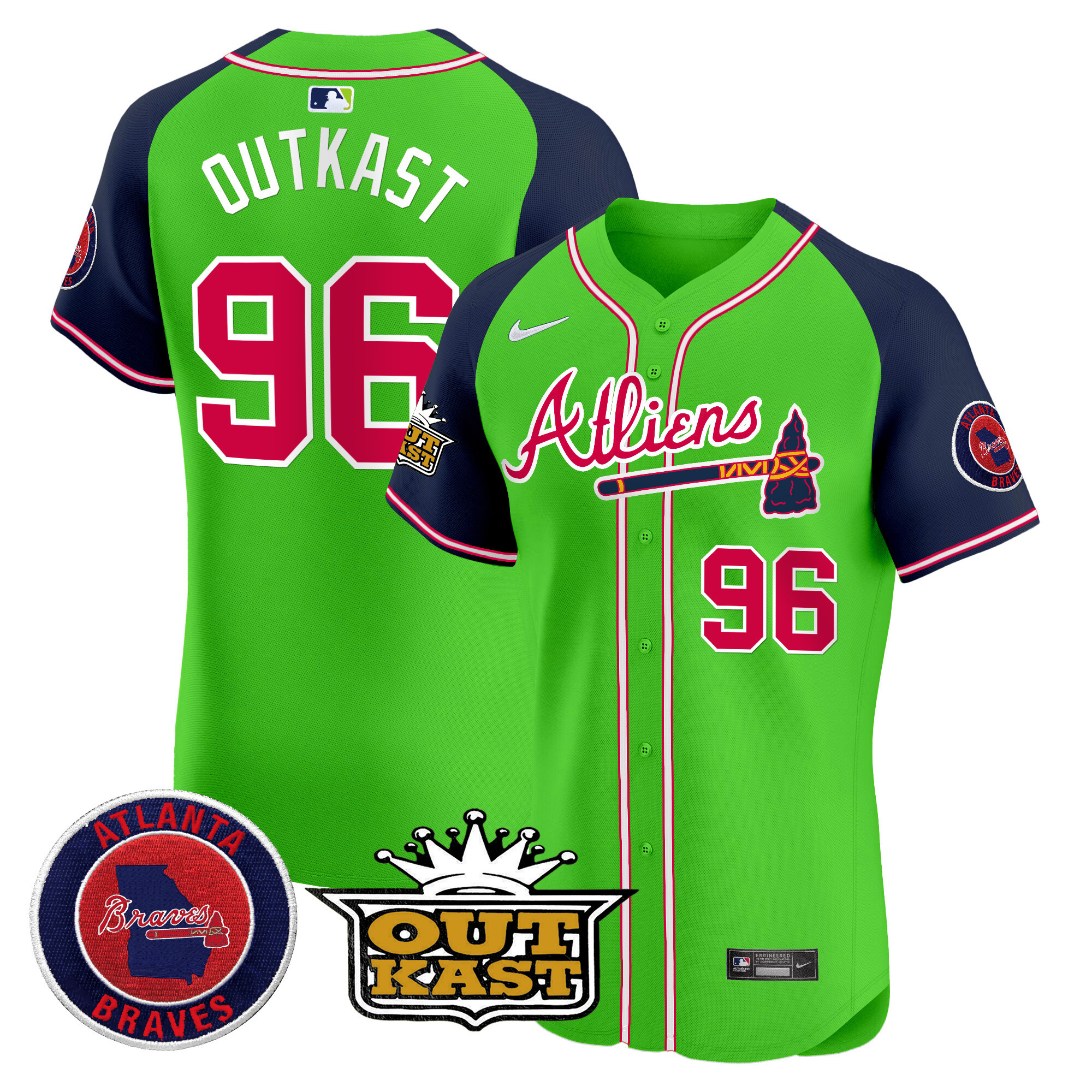 OutKast Men's Atlanta Braves Atliens Vapor Premier Elite Green Alternate Jersey - All Stitched
