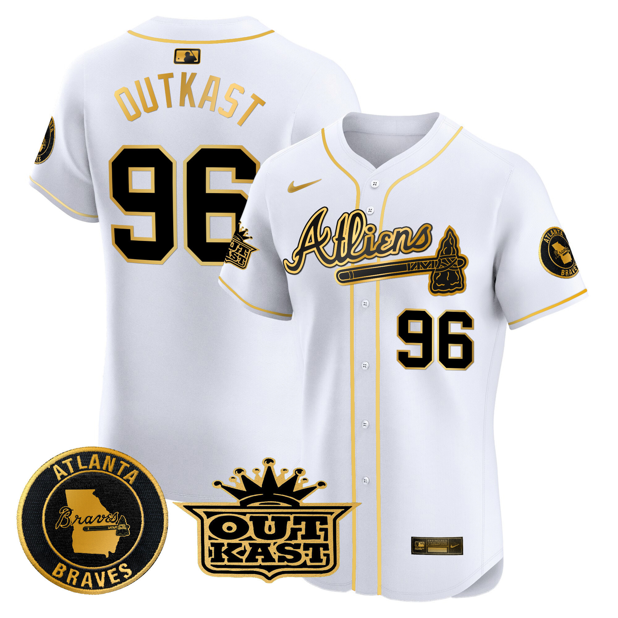 OutKast Men's Atlanta Braves Atliens Vapor Premier Elite White Gold Jersey - All Stitched