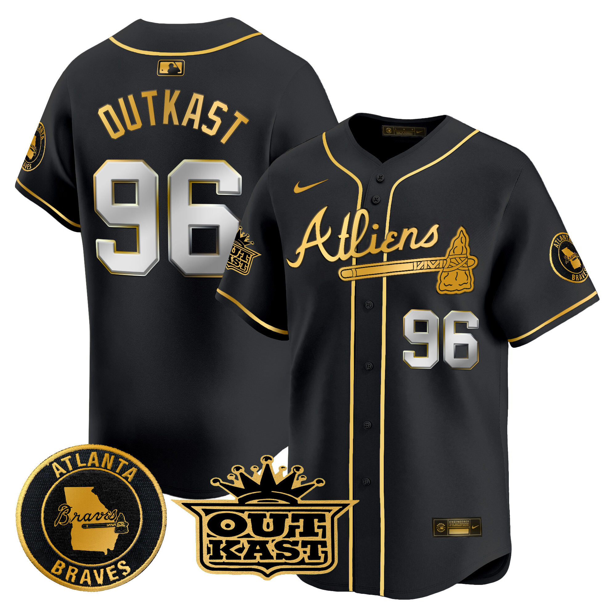 OutKast Men's Atlanta Braves Atliens Vapor Premier Limited Black Gold Jersey - All Stitched