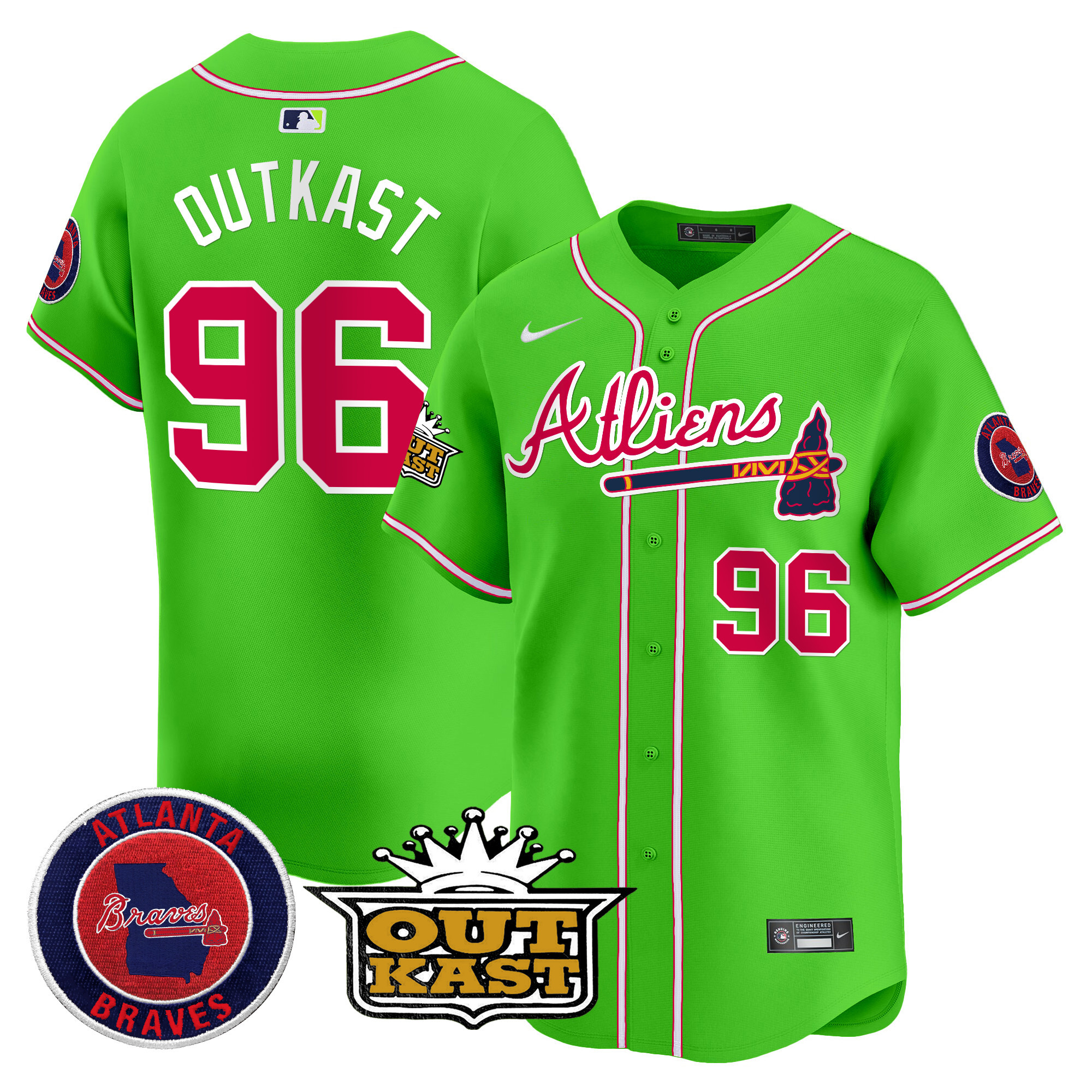 OutKast Men's Atlanta Braves Atliens Vapor Premier Limited Bright Green Jersey - All Stitched