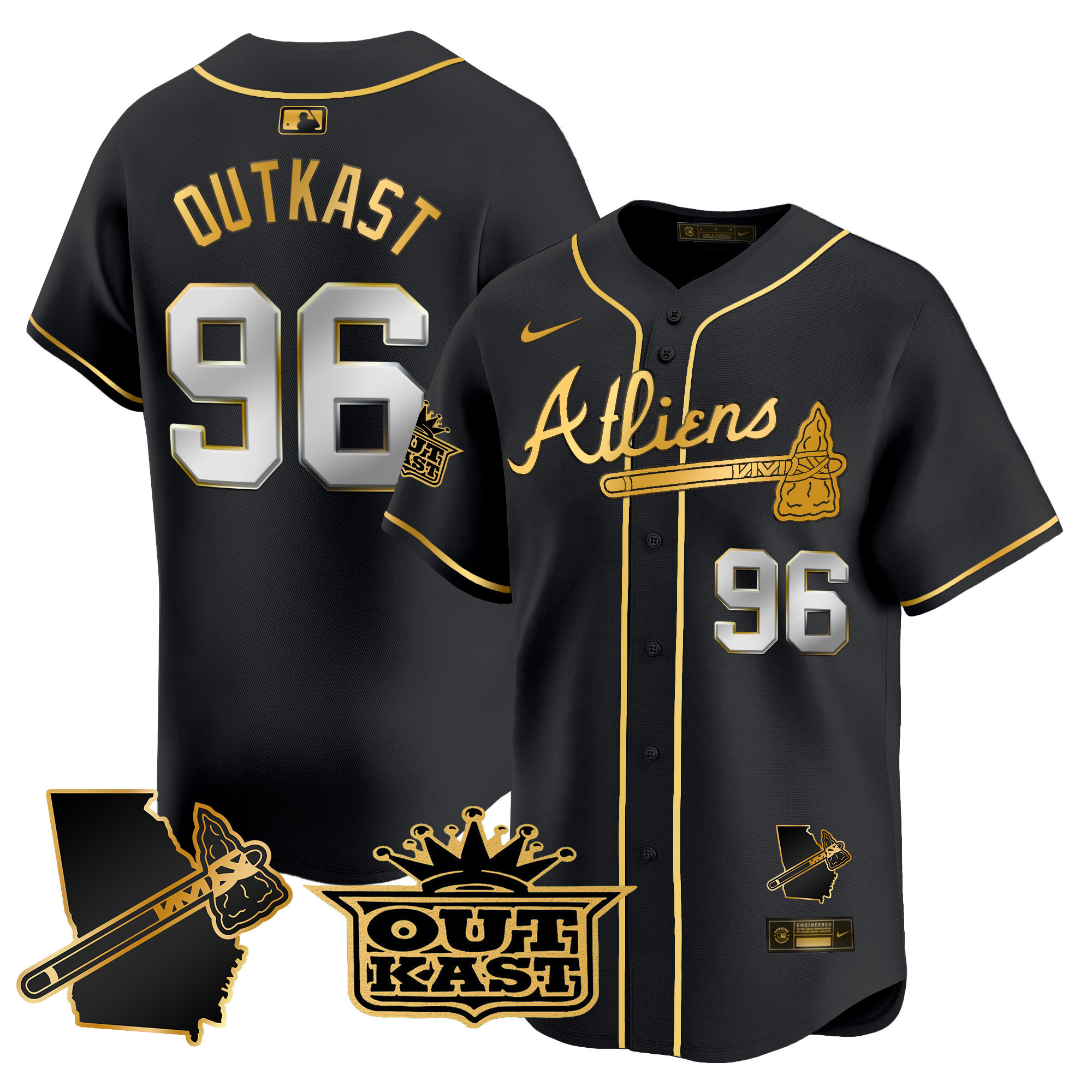 OutKast Men's Atlanta Braves Atliens Vapor Premier Limited V2 Black Gold Jersey - All Stitched