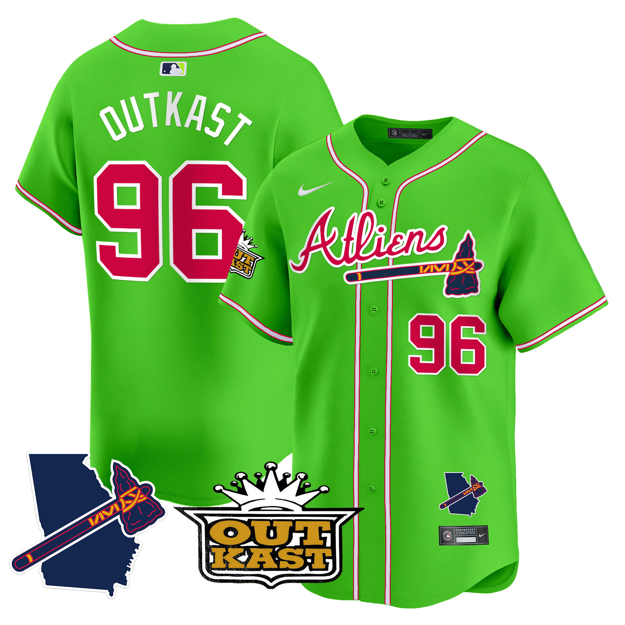 OutKast Men's Atlanta Braves Atliens Vapor Premier Limited V2 Bright Green Jersey - All Stitched