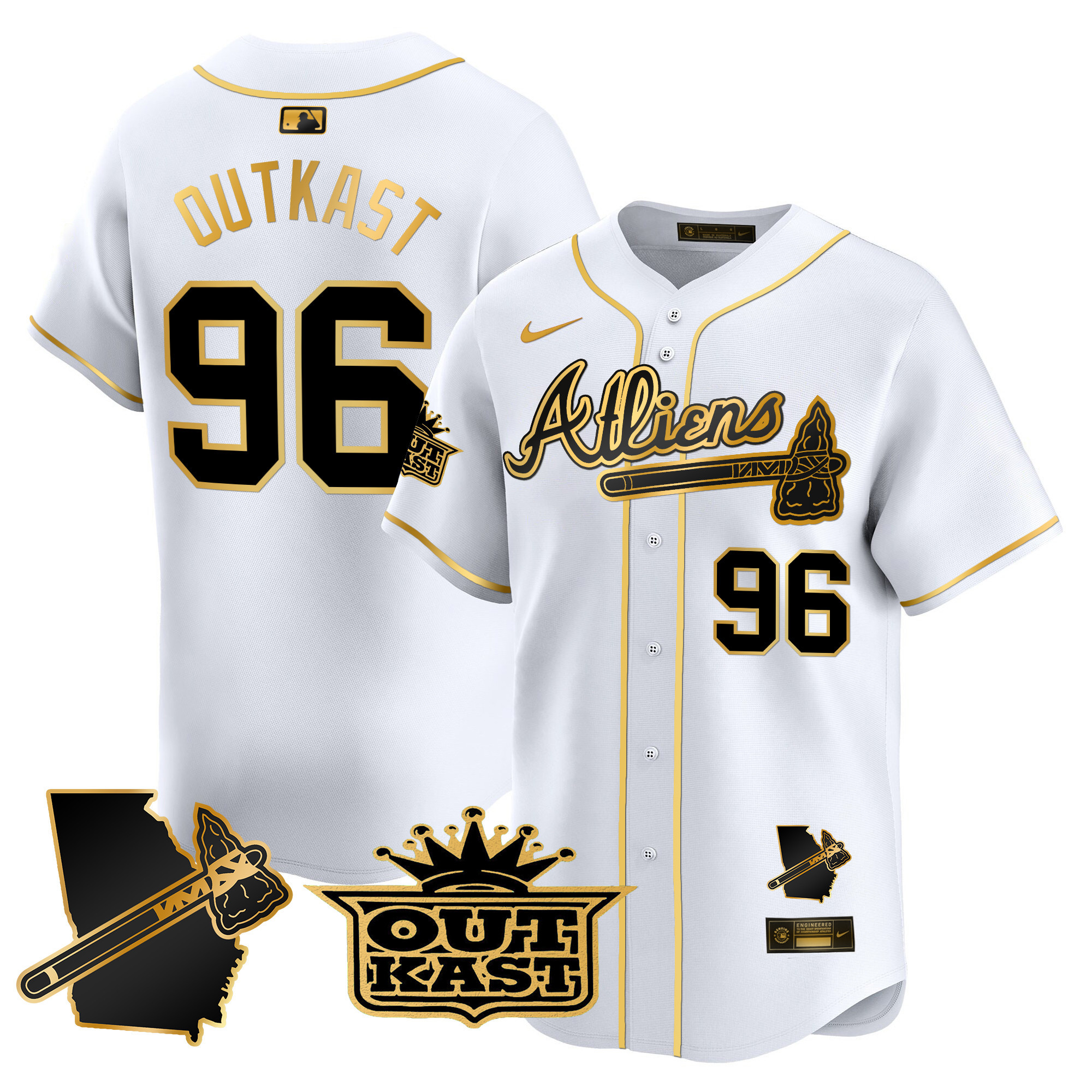 OutKast Men's Atlanta Braves Atliens Vapor Premier Limited V2 White Gold Jersey - All Stitched