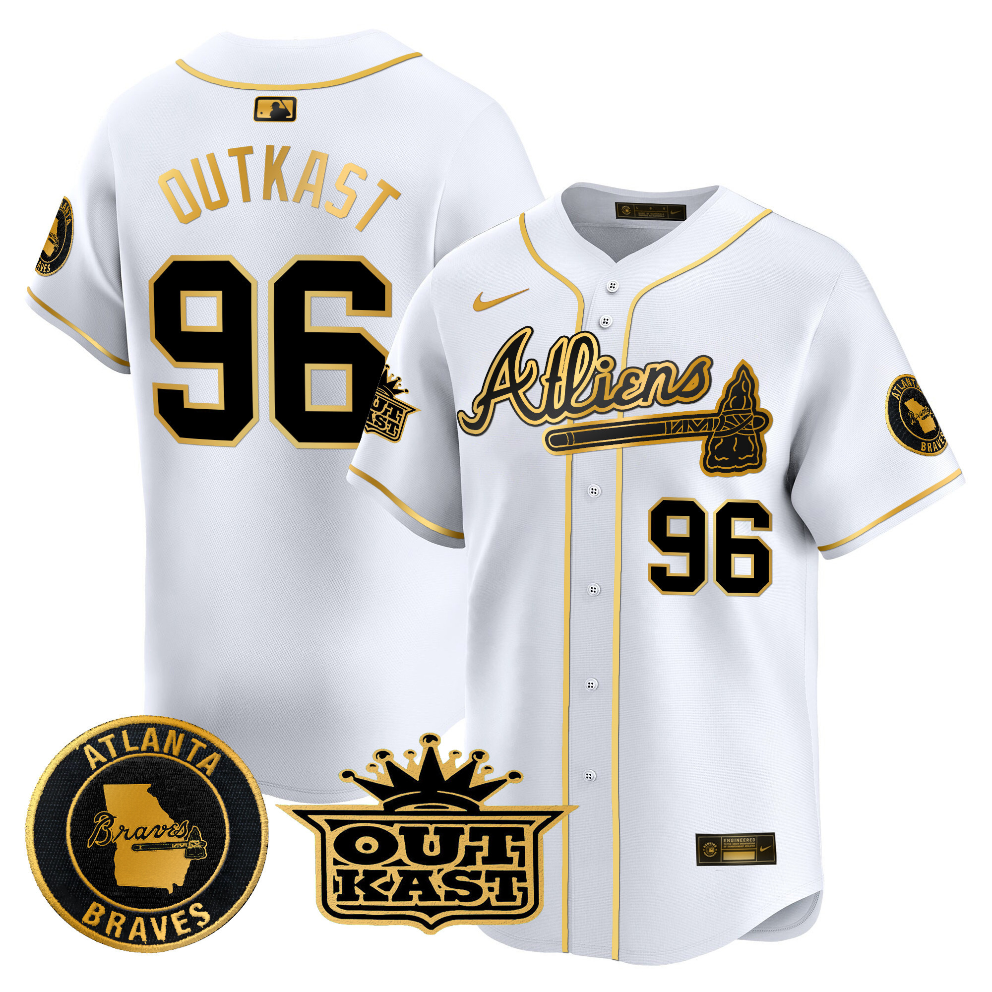 OutKast Men's Atlanta Braves Atliens Vapor Premier Limited White Gold Jersey - All Stitched