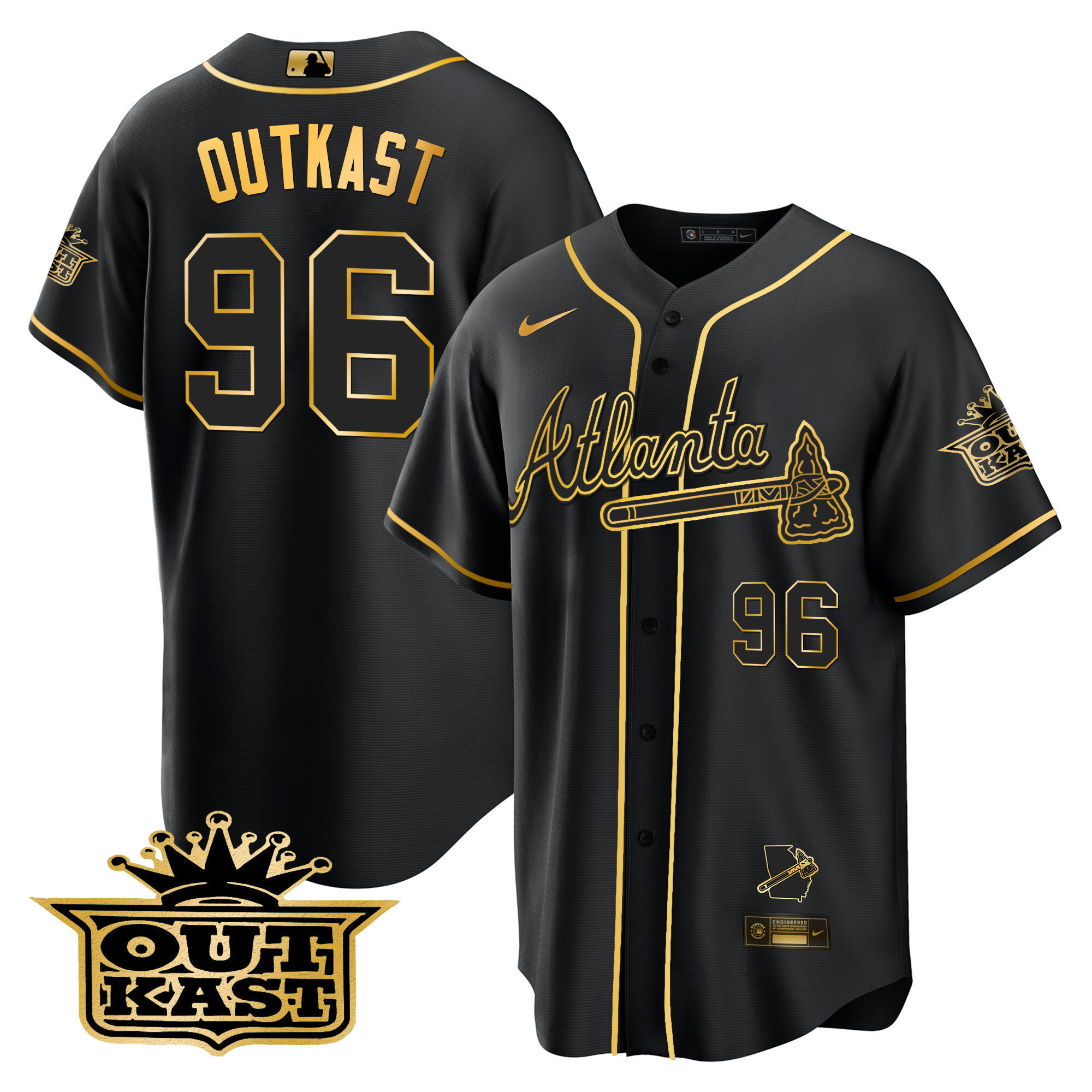 OutKast Men's Atlanta Braves Outkast Cool Base Gold V3 Black Gold Jersey - All Stitched