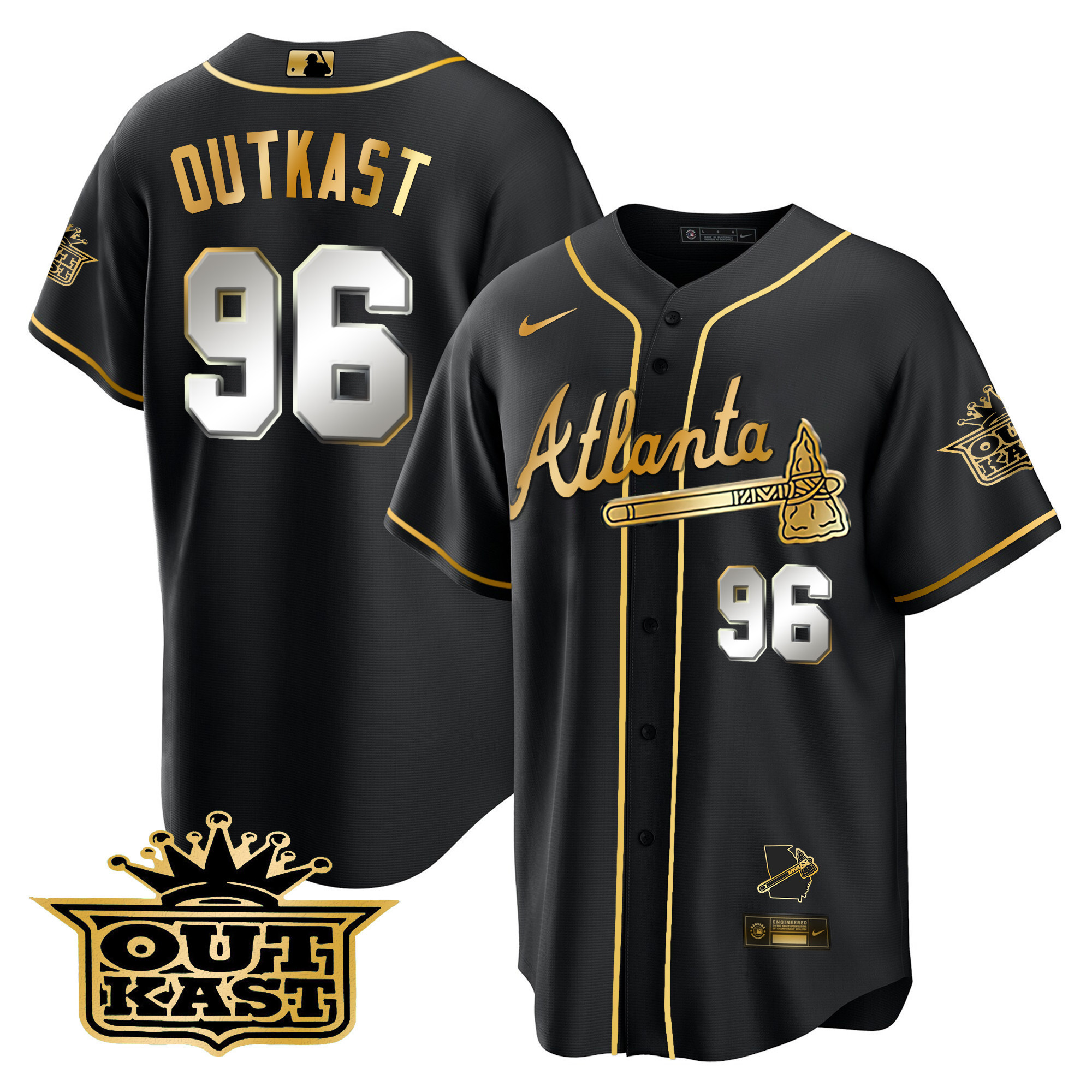 OutKast Men's Atlanta Braves Outkast Cool Base Gold V3 Black Limited Jersey - All Stitched