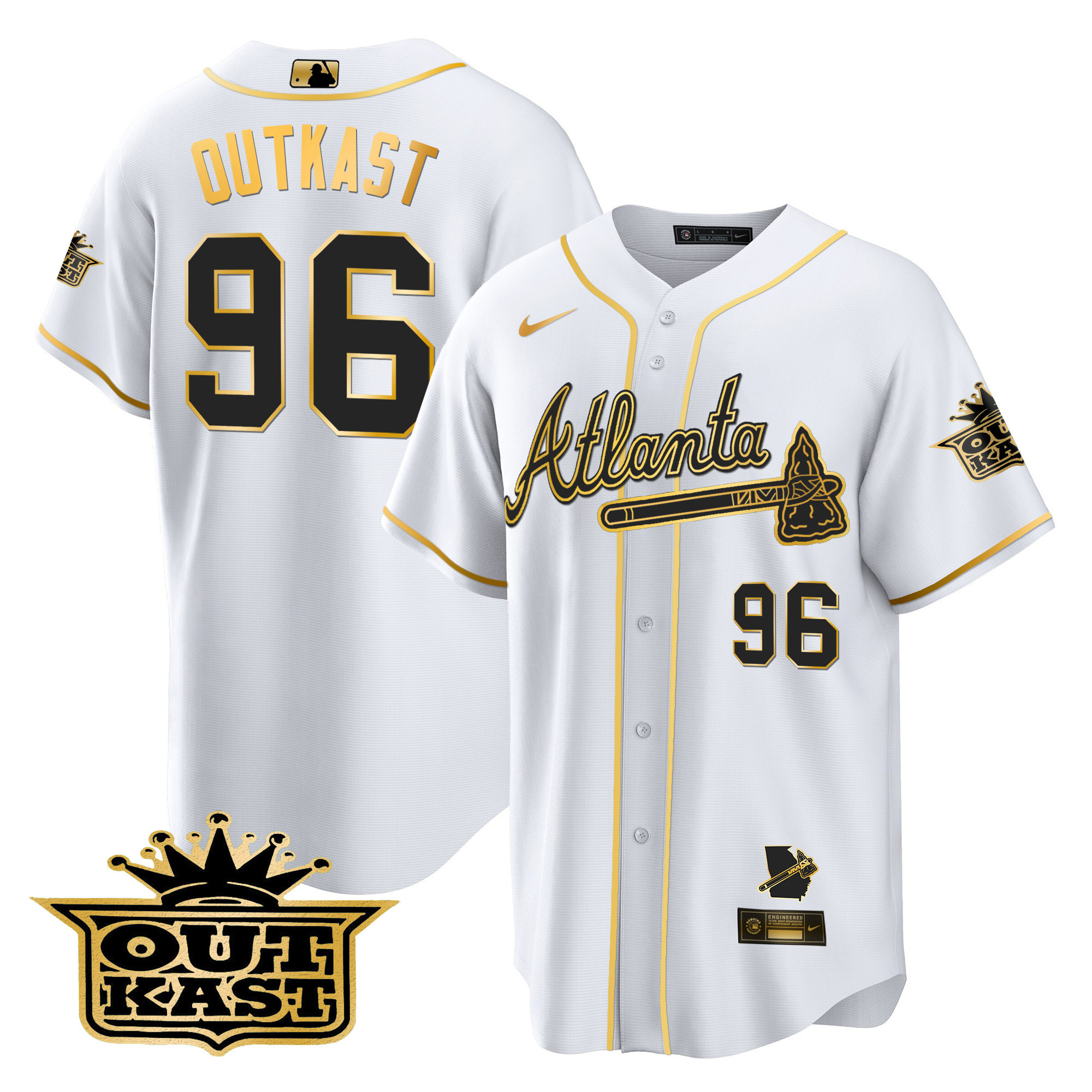 OutKast Men's Atlanta Braves Outkast Cool Base Gold V3 White Gold Jersey - All Stitched