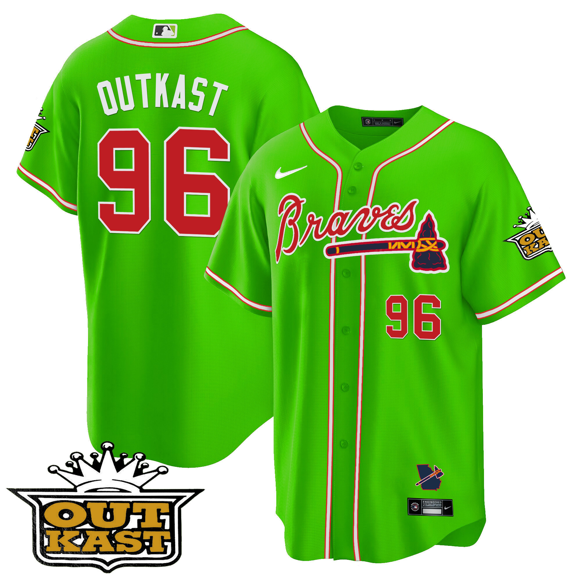 OutKast Men's Atlanta Braves Outkast Cool Base V2 Bright Green Jersey - All Stitched V59