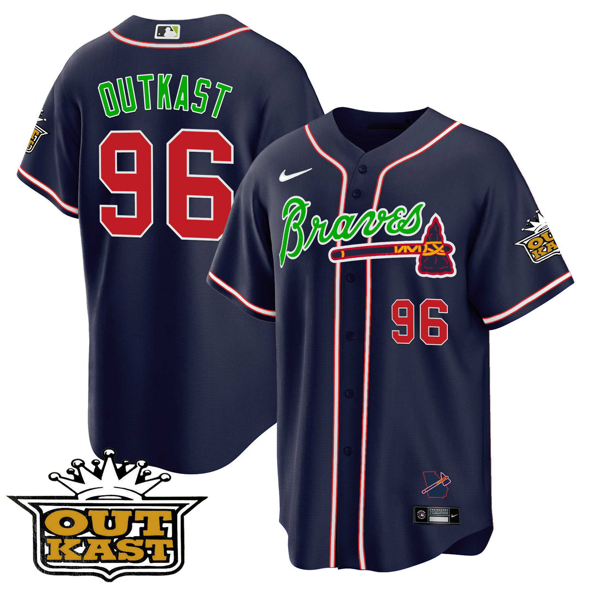 OutKast Men's Atlanta Braves Outkast Cool Base V2 Navy Jersey - All Stitched V42