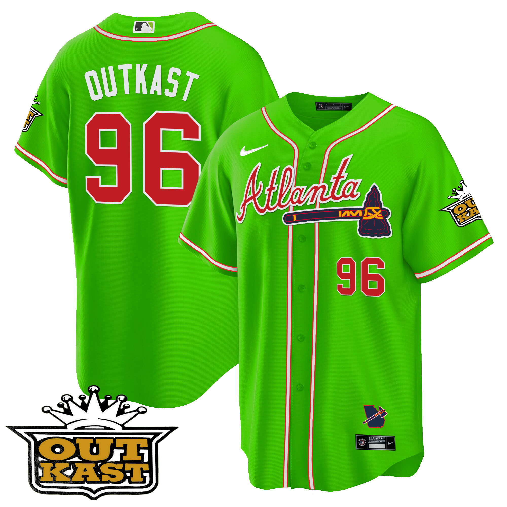 OutKast Men's Atlanta Braves Outkast Cool Base V3 Bright Green Jersey - All Stitched