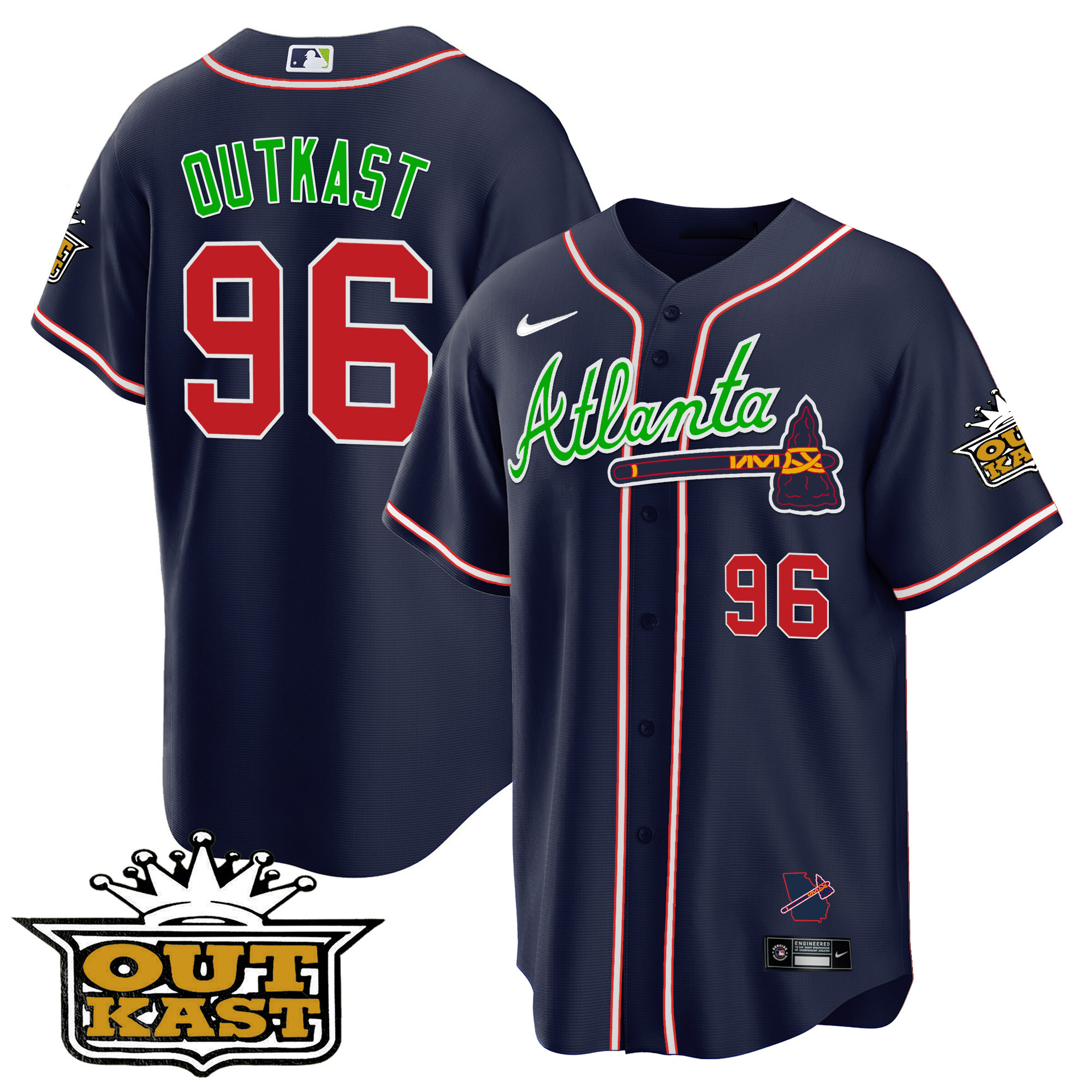 OutKast Men's Atlanta Braves Outkast Cool Base V3 Navy Jersey - All Stitched