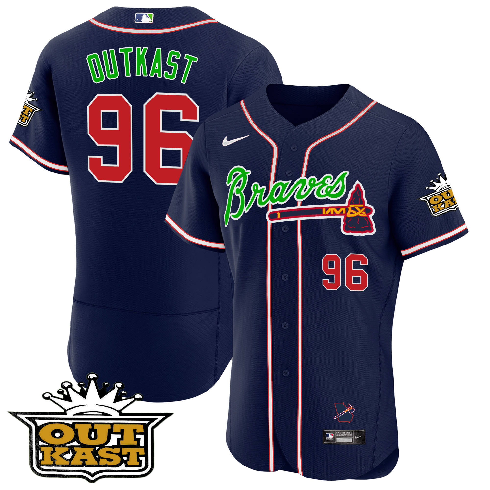 OutKast Men's Atlanta Braves Outkast Flex Base V2 Navy Jersey - All Stitched V97