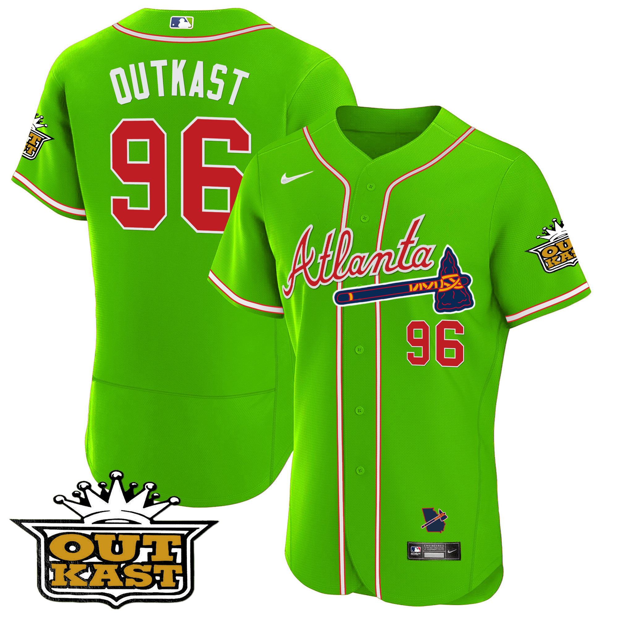 OutKast Men's Atlanta Braves Outkast Flex Base V3 Bright Green Jersey - All Stitched
