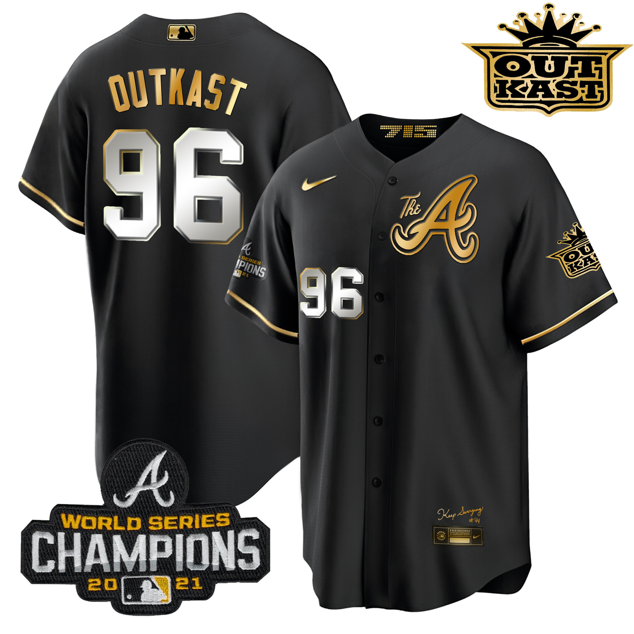 OutKast Men's Atlanta Braves Outkast Gold The A Cool Base Black Gold Jersey - All Stitched V14