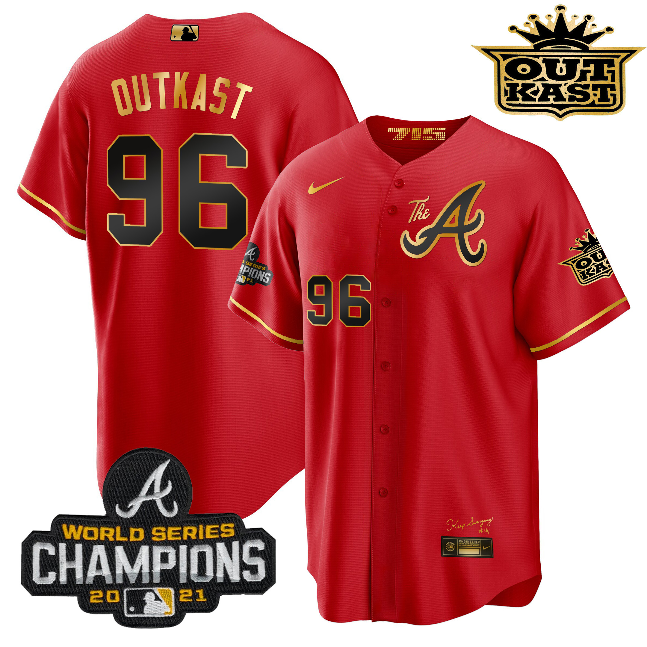 OutKast Men's Atlanta Braves Outkast Gold The A Cool Base Red Gold Jersey - All Stitched V21