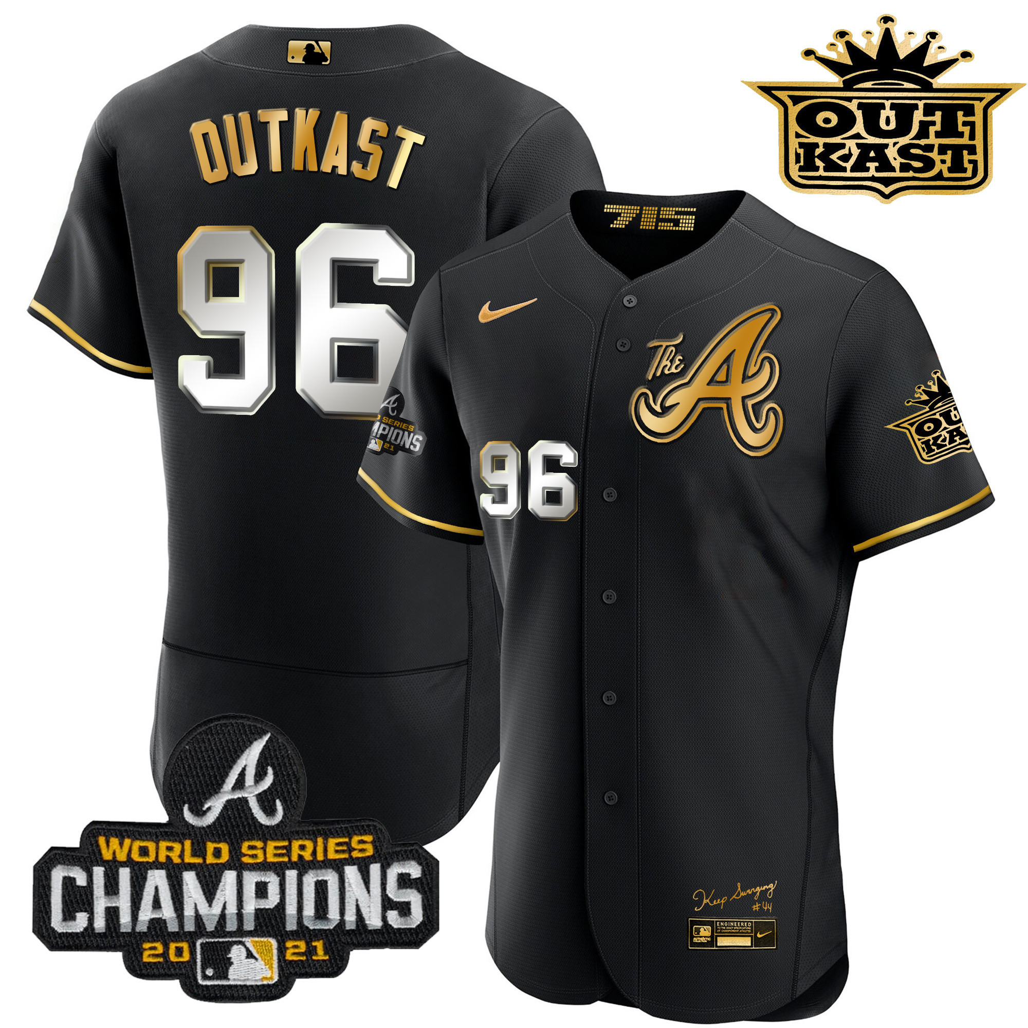 OutKast Men's Atlanta Braves Outkast Gold The A Flex Base Black Gold Jersey - All Stitched V41