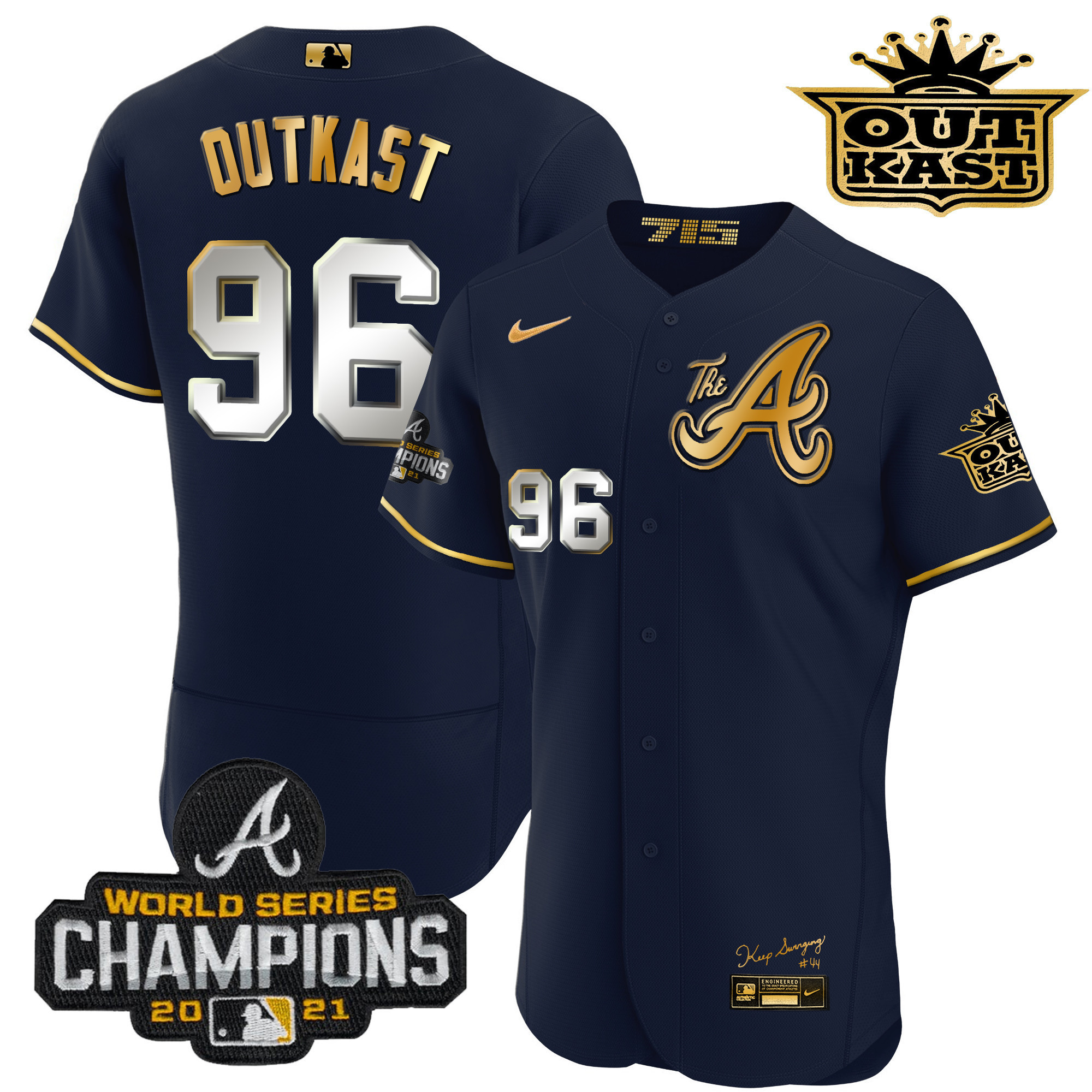 OutKast Men's Atlanta Braves Outkast Gold The A Flex Base Navy Gold Jersey - All Stitched V76