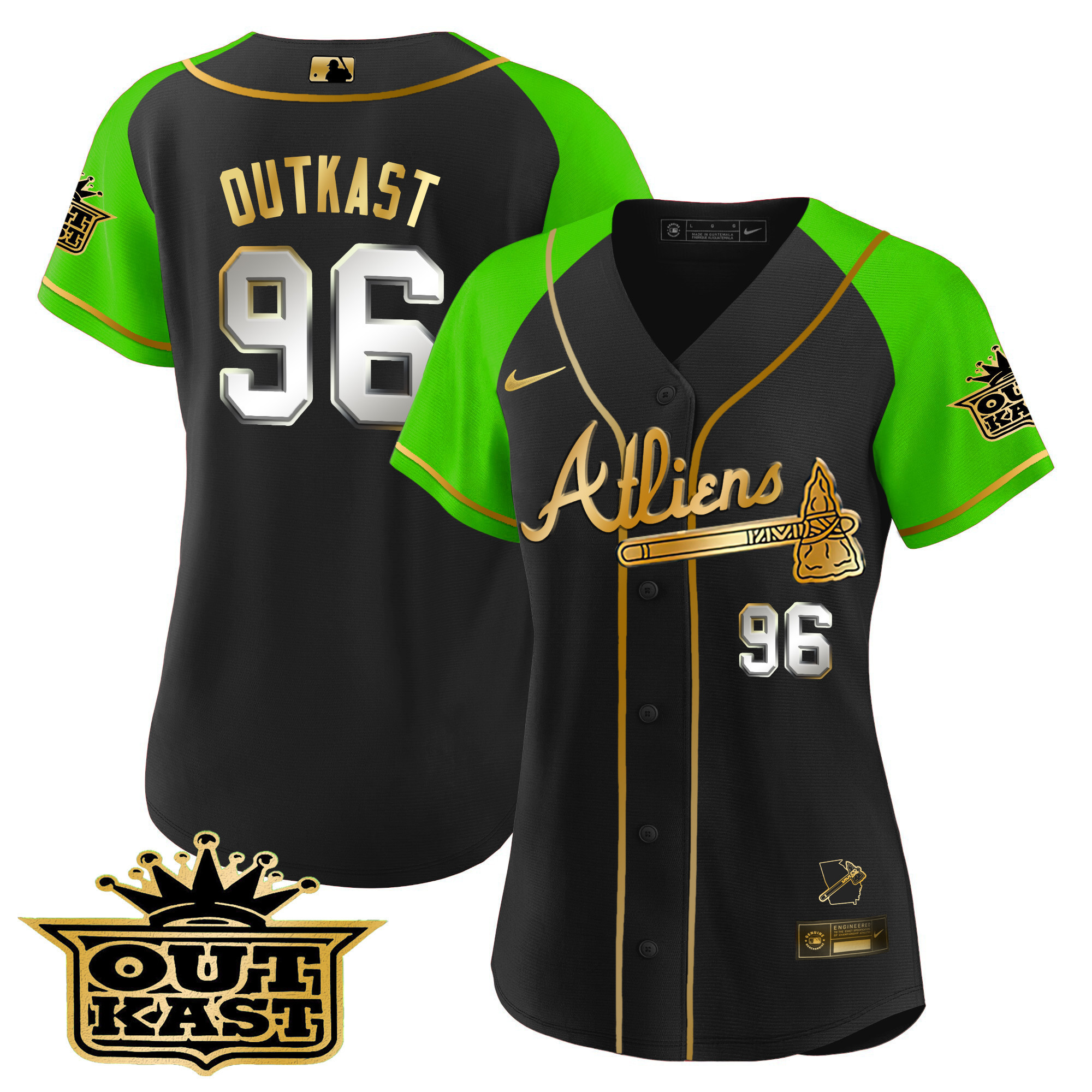 OutKast Women's Atlanta Braves Atliens Gold Alternate Baseball Black Bright Green Jersey - All Stitched