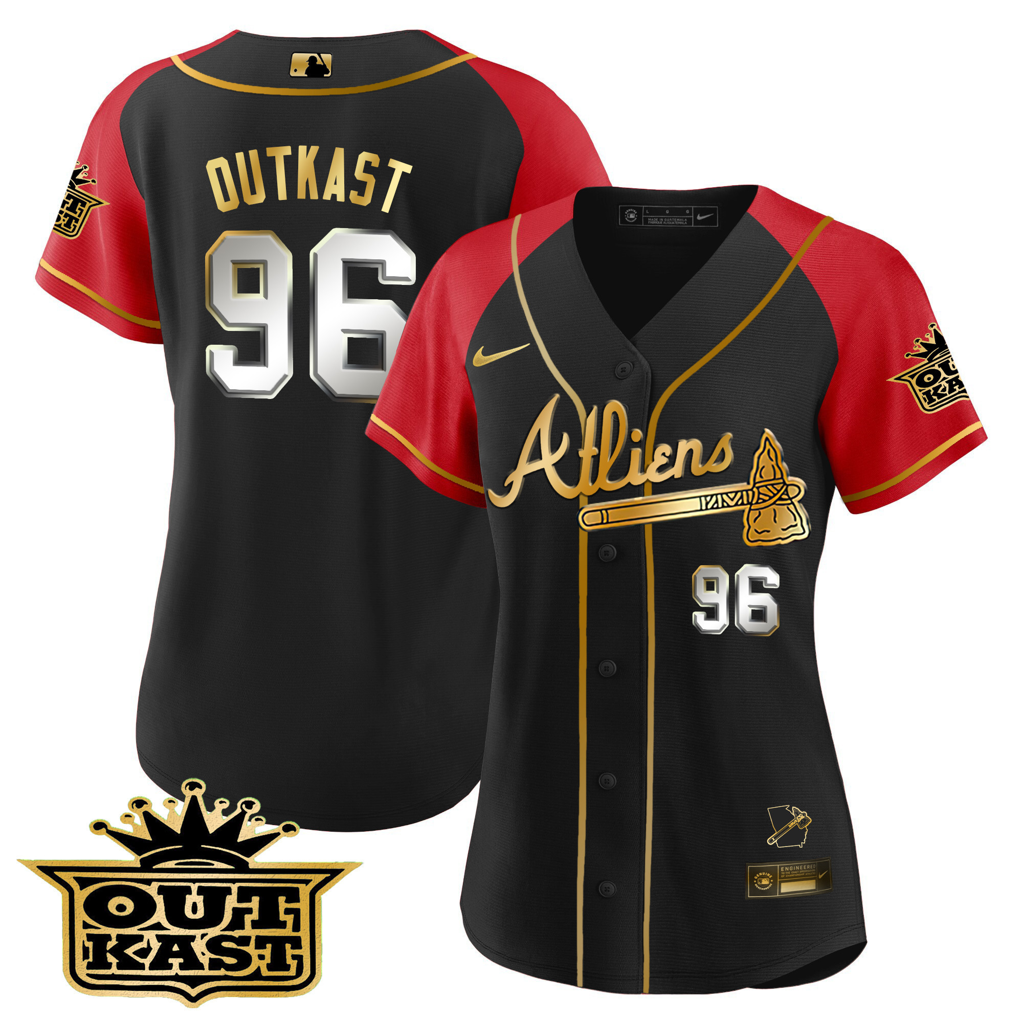 OutKast Women's Atlanta Braves Atliens Gold Alternate Baseball Black Red Jersey - All Stitched