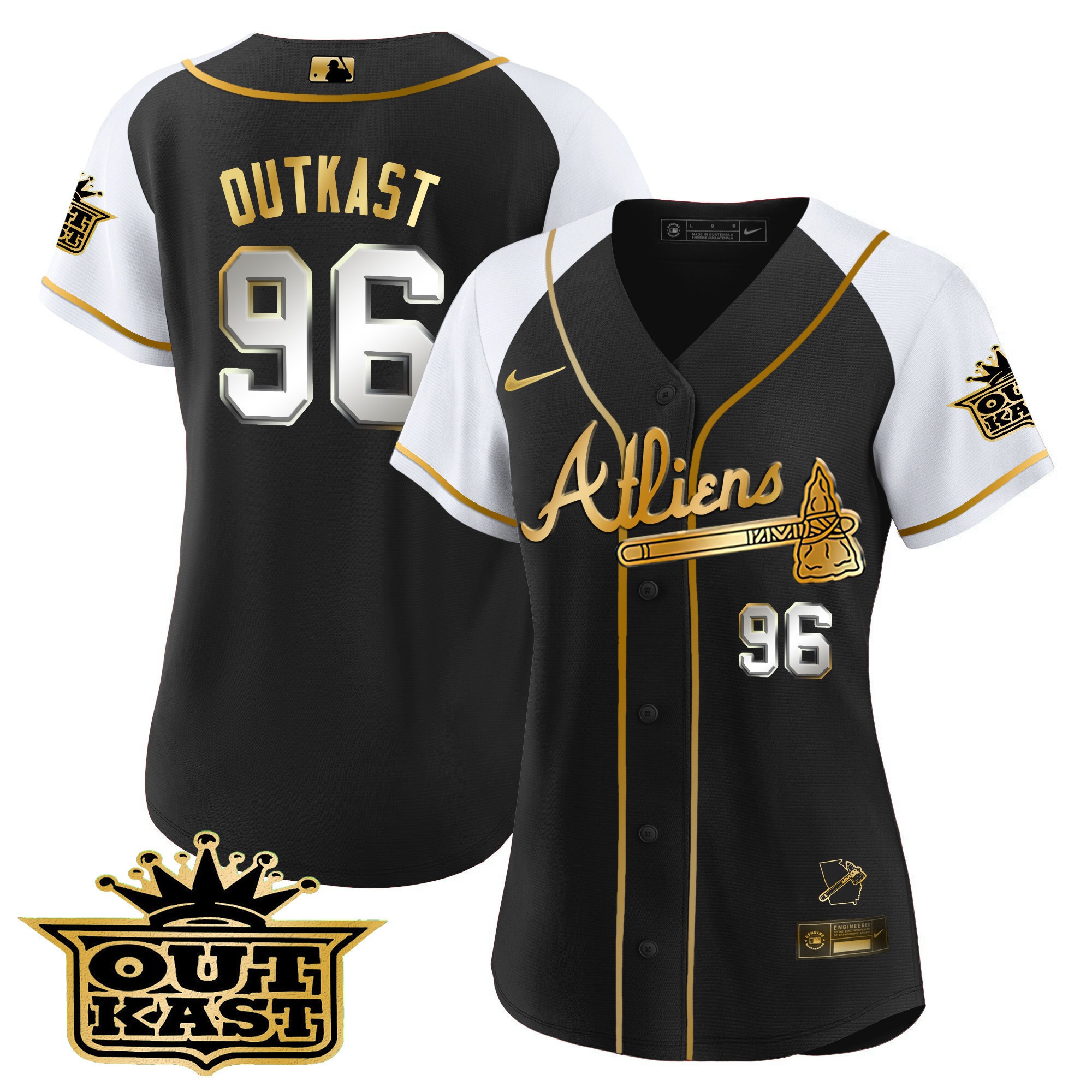 OutKast Women's Atlanta Braves Atliens Gold Alternate Baseball Black White Jersey - All Stitched