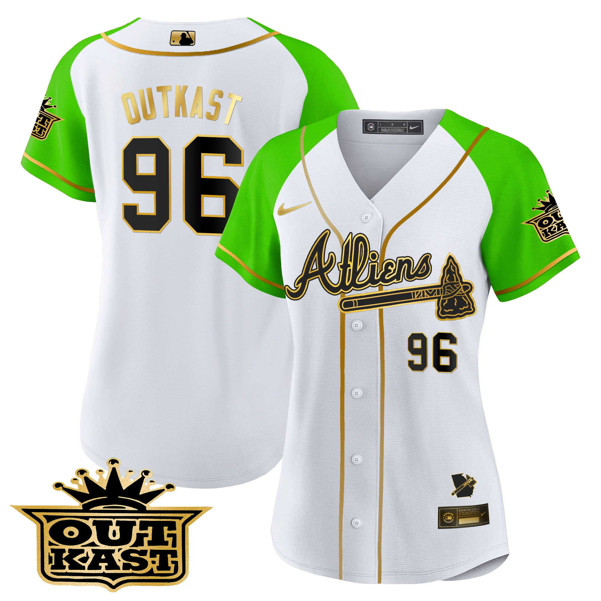 OutKast Women's Atlanta Braves Atliens Gold Alternate Baseball White Bright Green Jersey - All Stitched