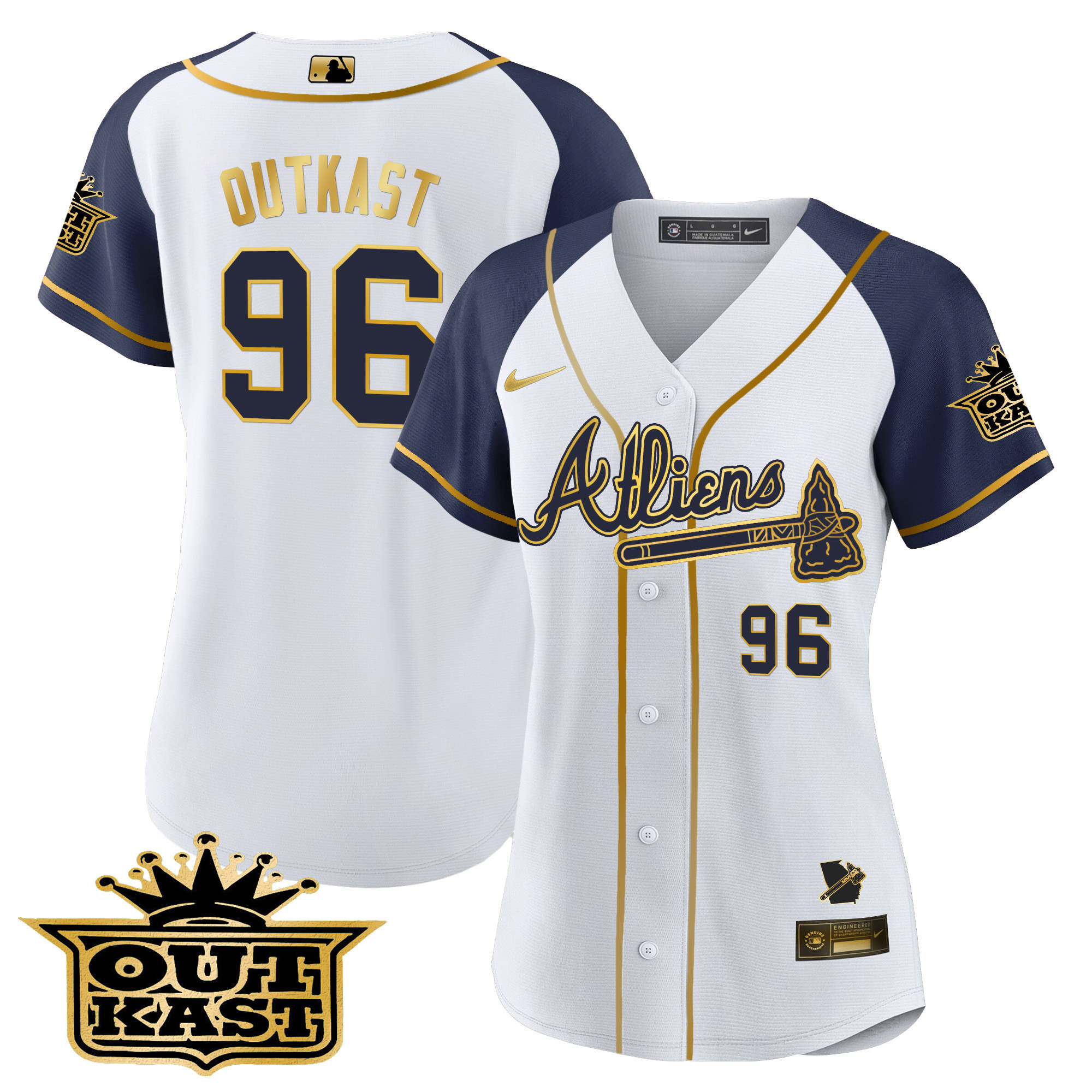 OutKast Women's Atlanta Braves Atliens Gold Alternate Baseball White Navy Jersey - All Stitched