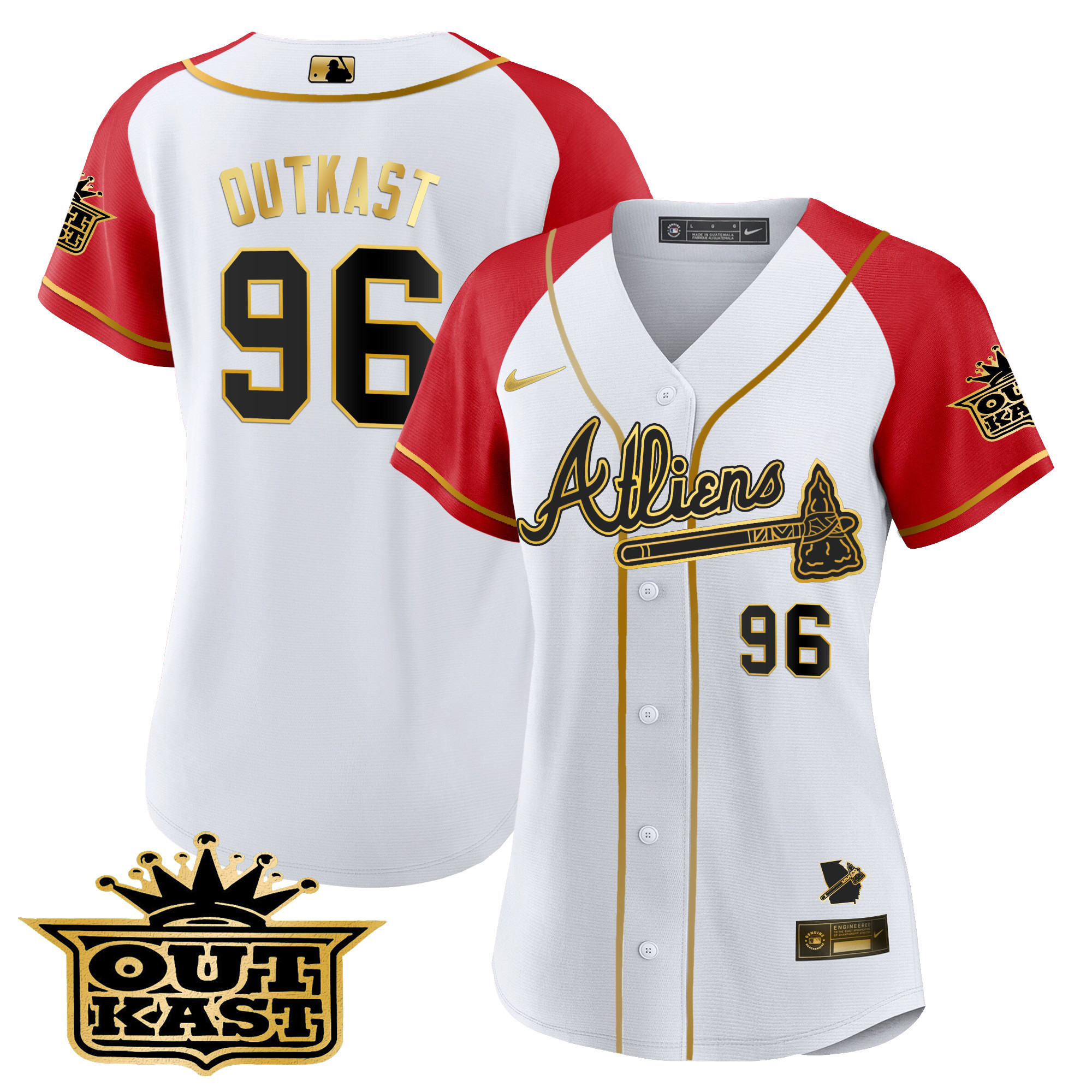 OutKast Women's Atlanta Braves Atliens Gold Alternate Baseball White Red Jersey - All Stitched
