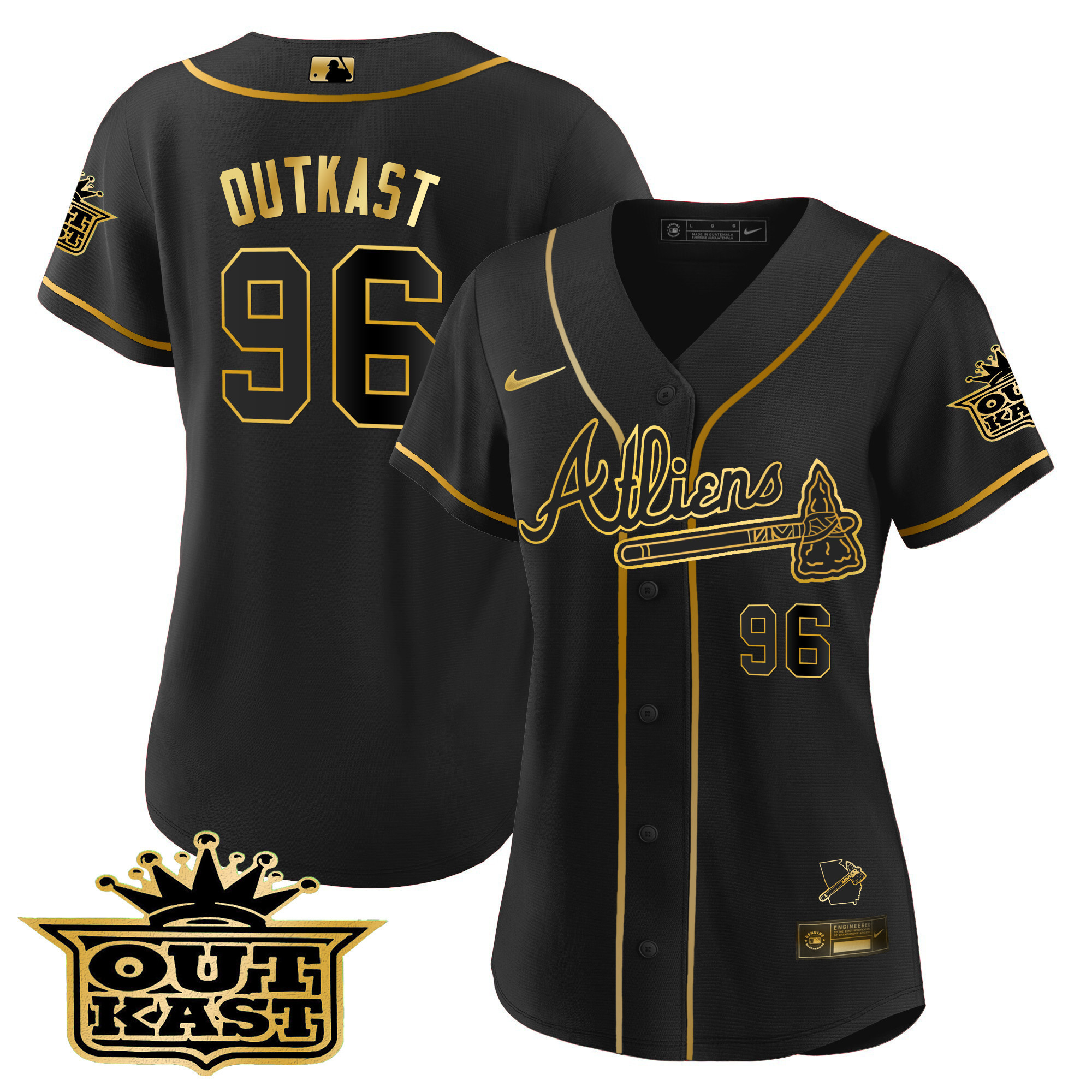 OutKast Women's Atlanta Braves Atliens V2 Black Gold Jersey - All Stitched V99