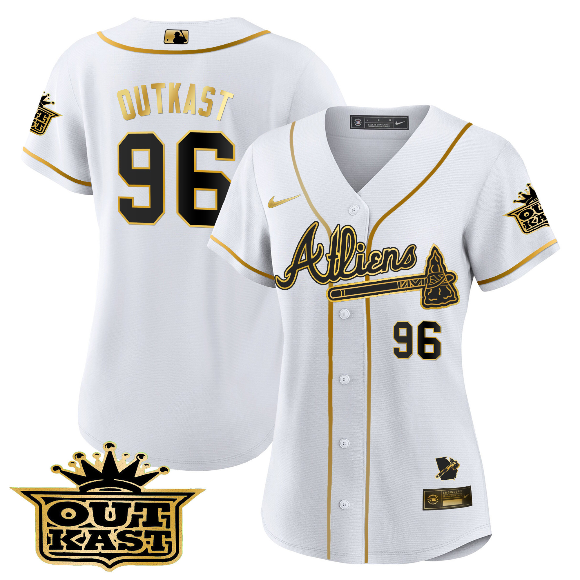 OutKast Women's Atlanta Braves Atliens V2 White Gold Jersey - All Stitched V6