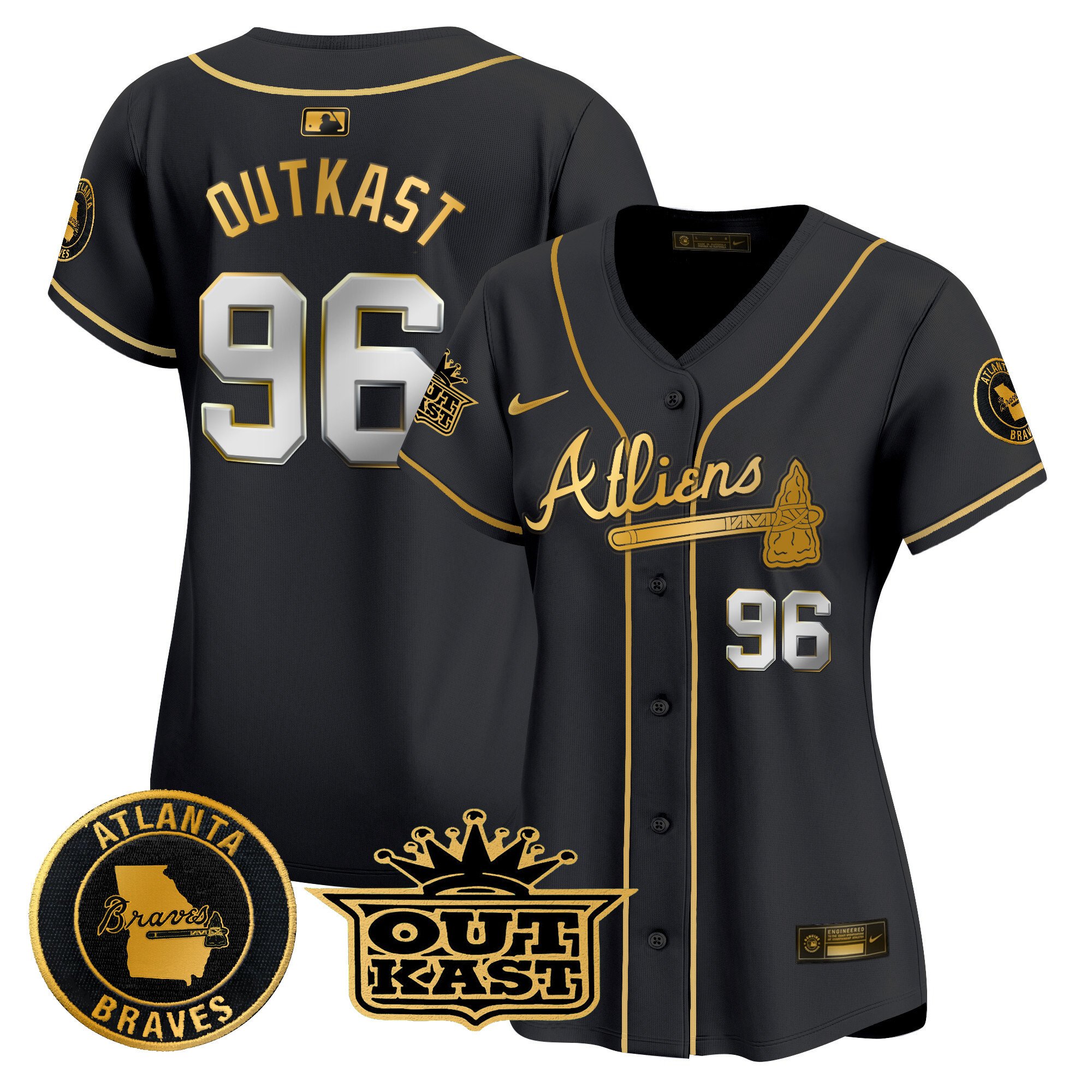 OutKast Women's Atlanta Braves Atliens Vapor Premier Limited Black Gold Jersey - All Stitched