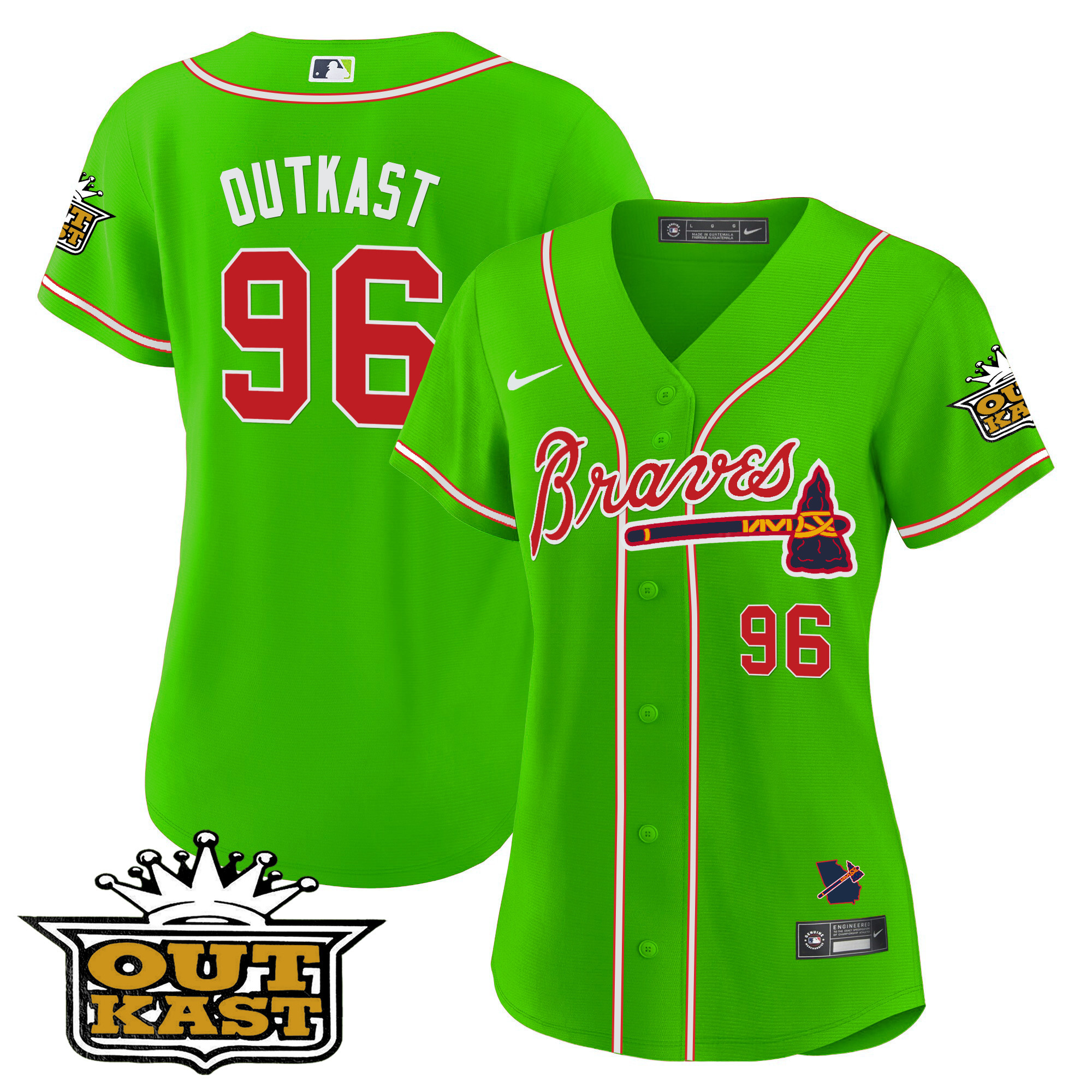 OutKast Women's Atlanta Braves Outkast Baseball V2 Bright Green Jersey - All Stitched