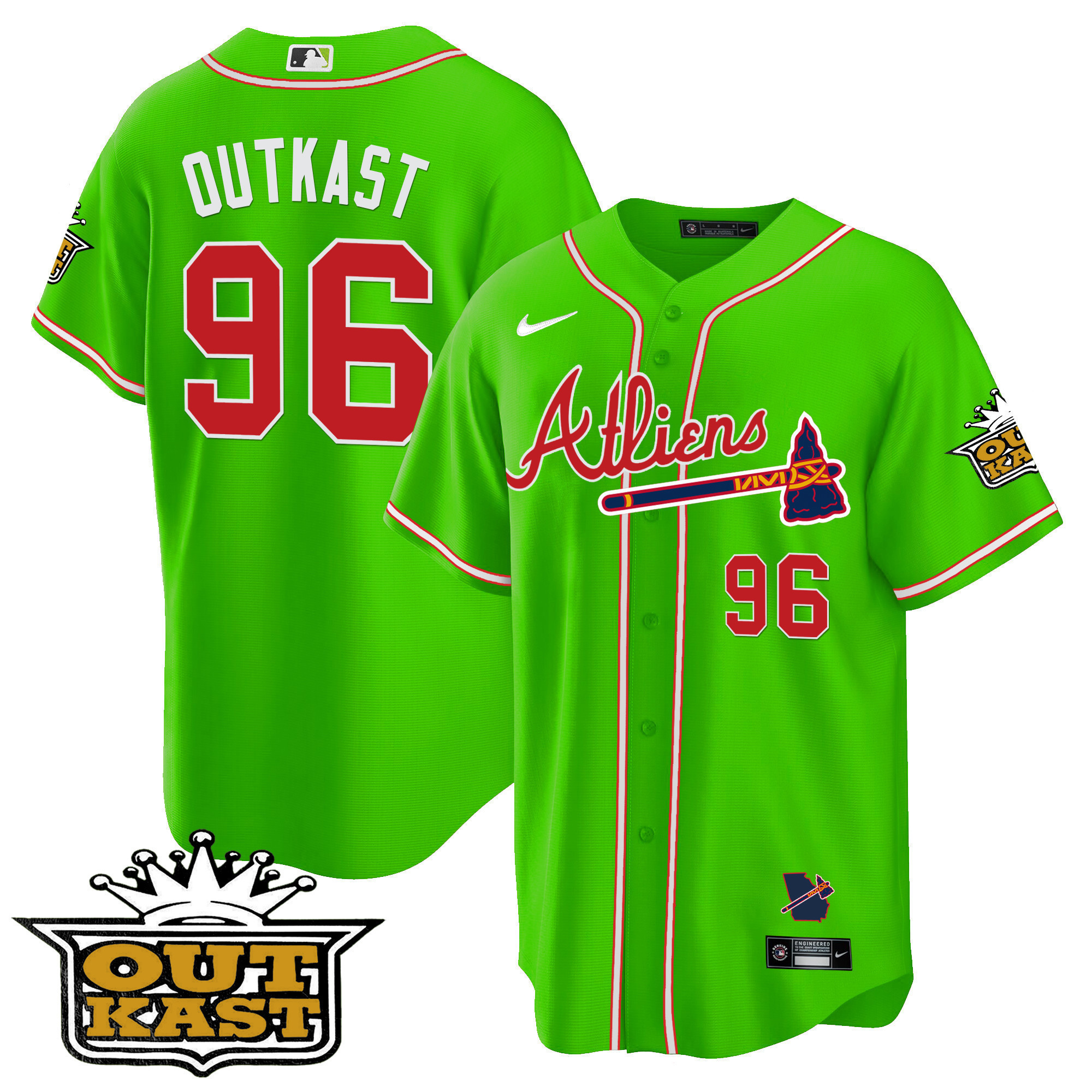 OutKast Youth's Atlanta Braves Atliens Cool Base Bright Green Jersey - All Stitched V70