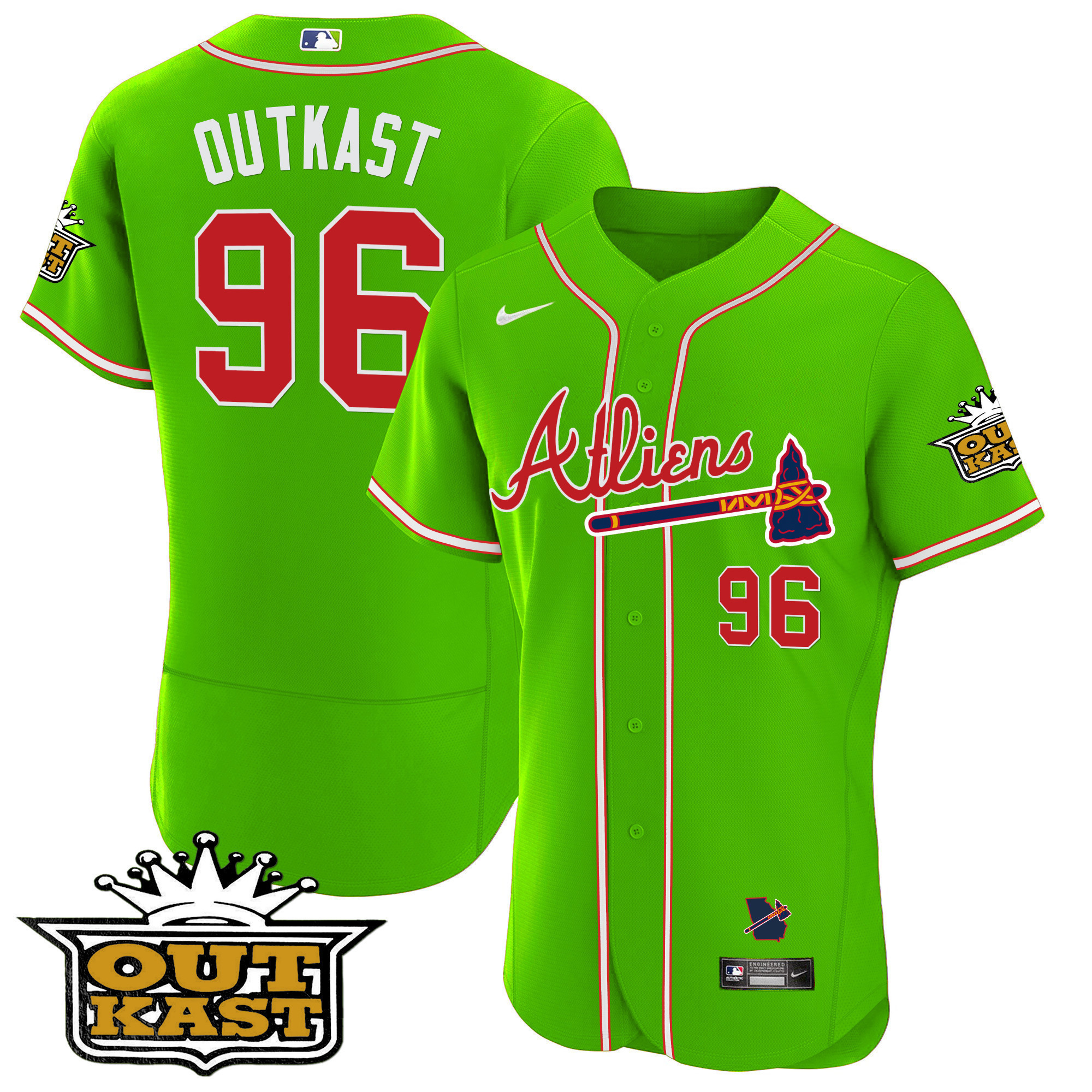 OutKast Youth's Atlanta Braves Atliens Flex Base Bright Green Jersey - All Stitched V6